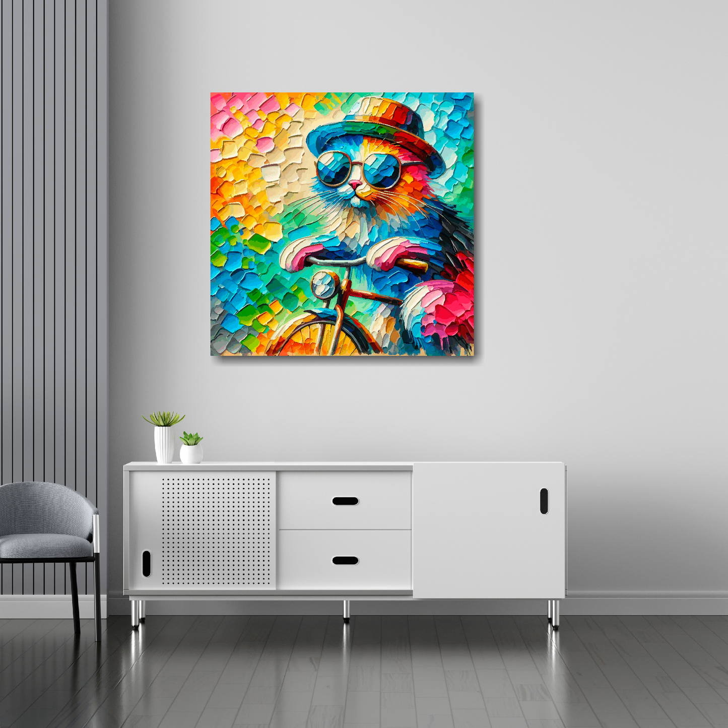 Cat on a bicycle canvas 30x30 inches above sideboard - large colourful whimsical art UK made