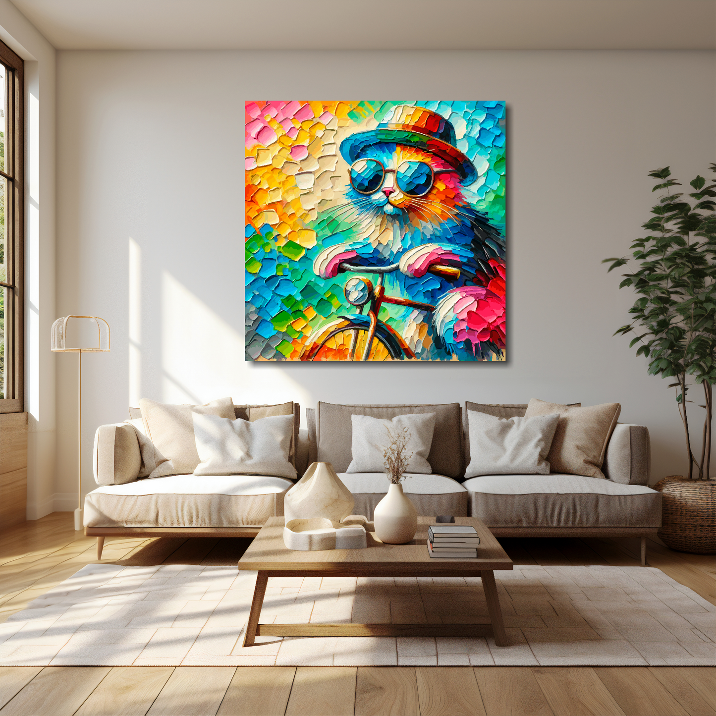 Cat on a bicycle canvas 40x40 inches above cream sofa - XL vibrant whimsical wall art UK