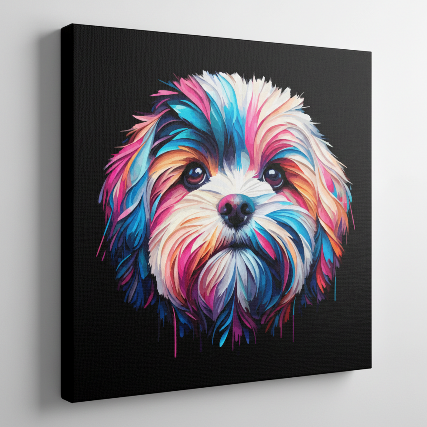 Colourful Cavachon dog portrait canvas print - UK made abstract pet wall art black background