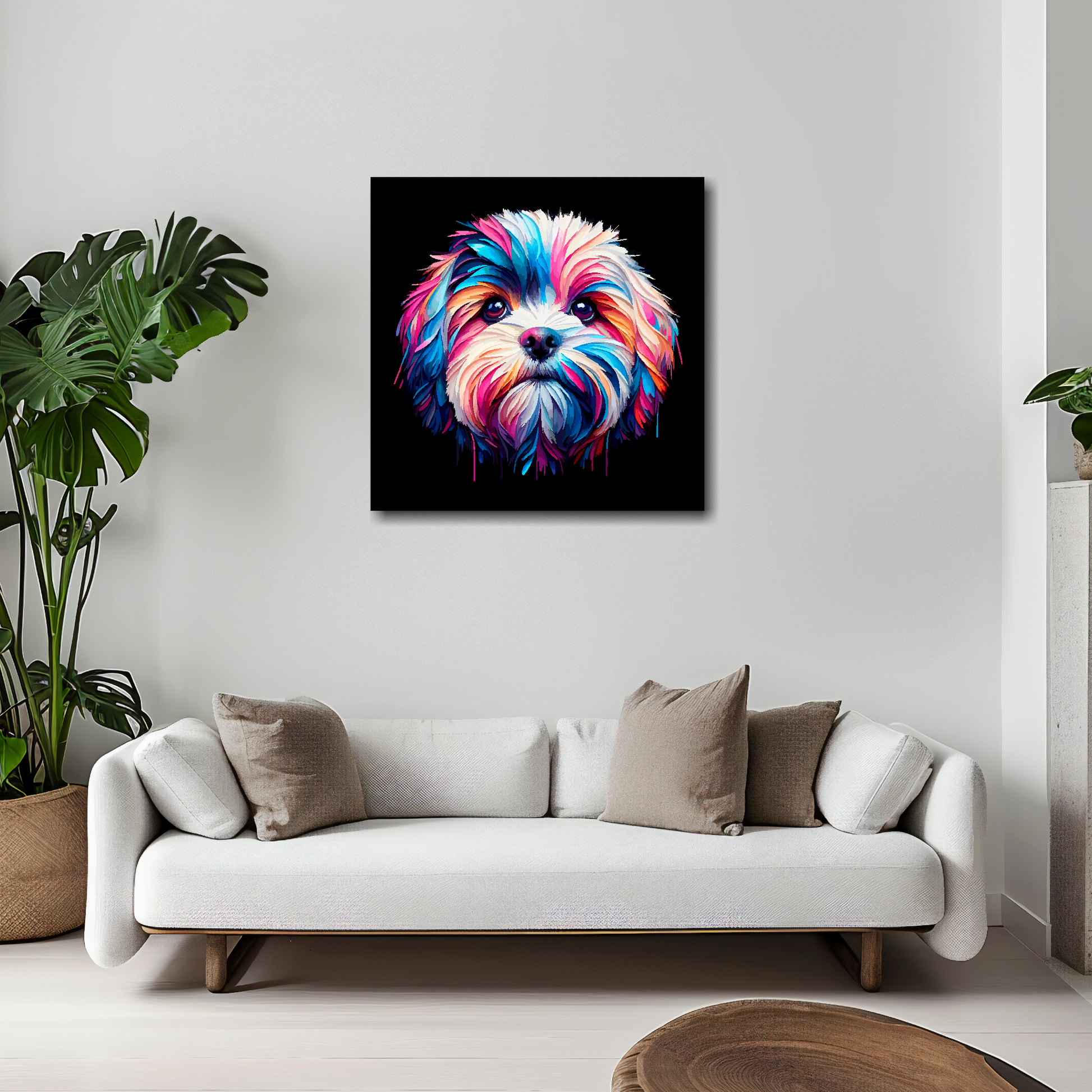 Cavachon canvas 20x20 inches above white sofa - vibrant dog portrait wall art UK
