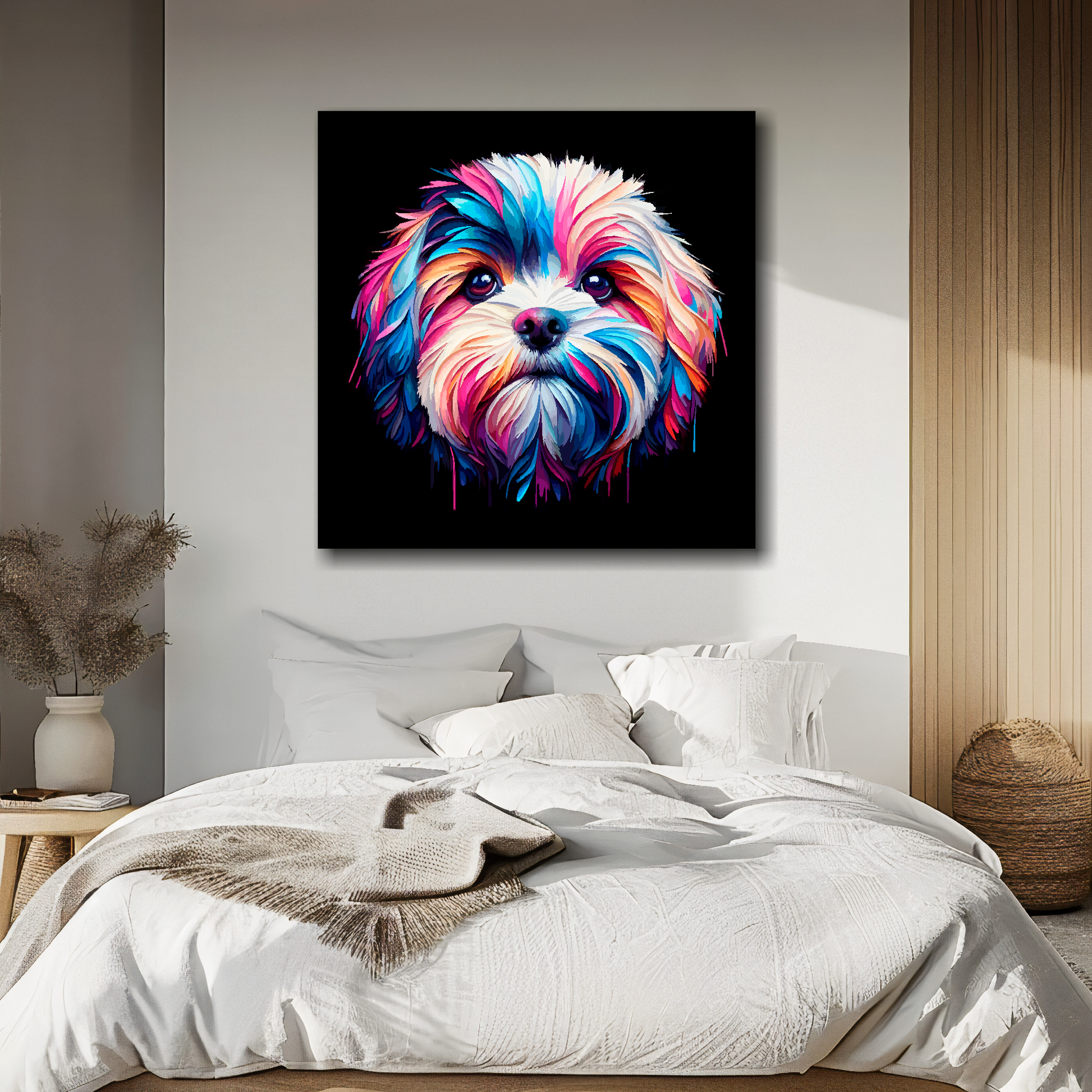 Cavachon portrait canvas above bed - colourful dog wall decor for UK bedrooms