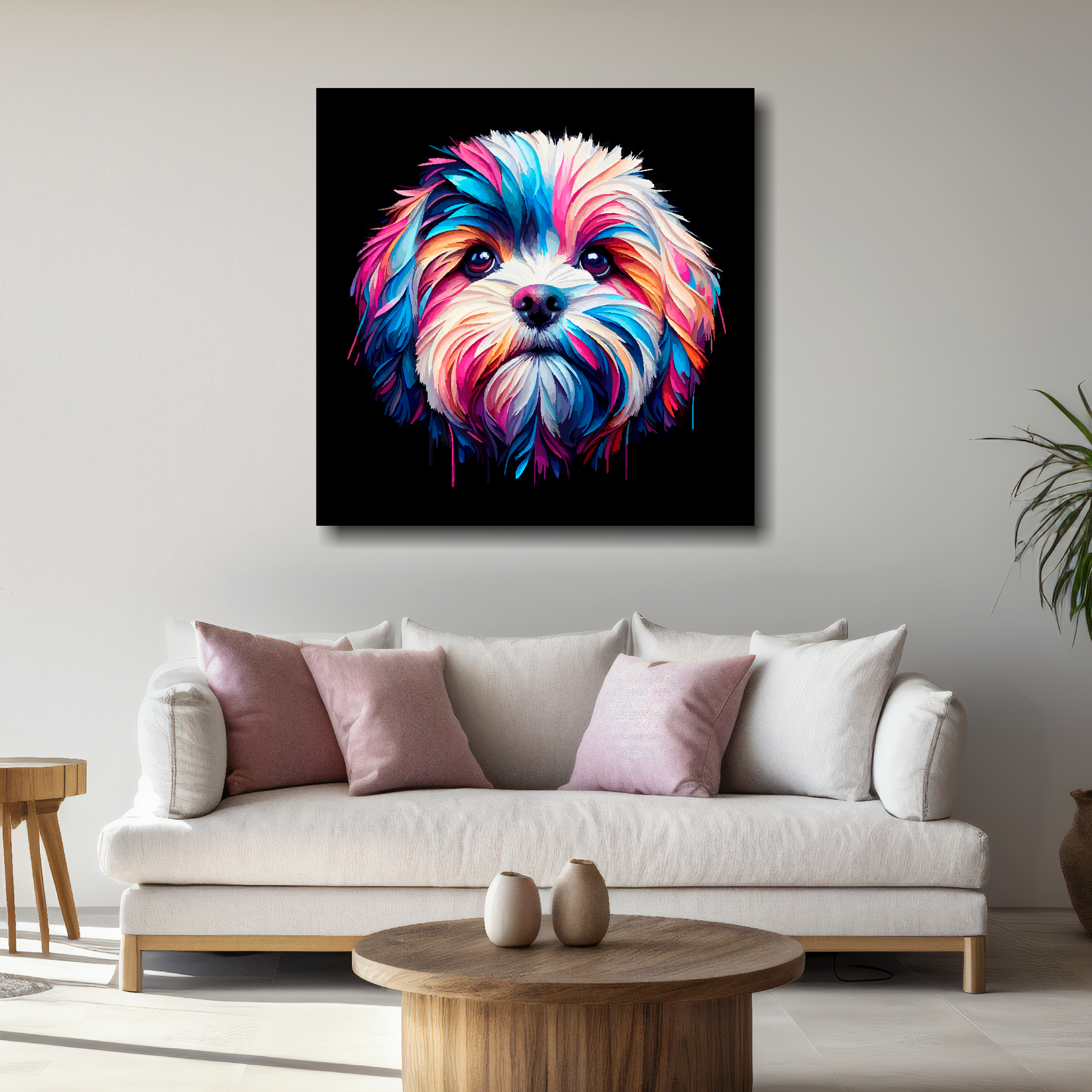 Large Cavachon canvas above white sofa - vibrant abstract dog portrait wall art UK
