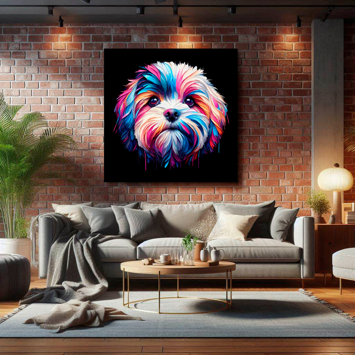 Large Cavachon canvas on brick wall above grey sofa - bold dog portrait UK living room