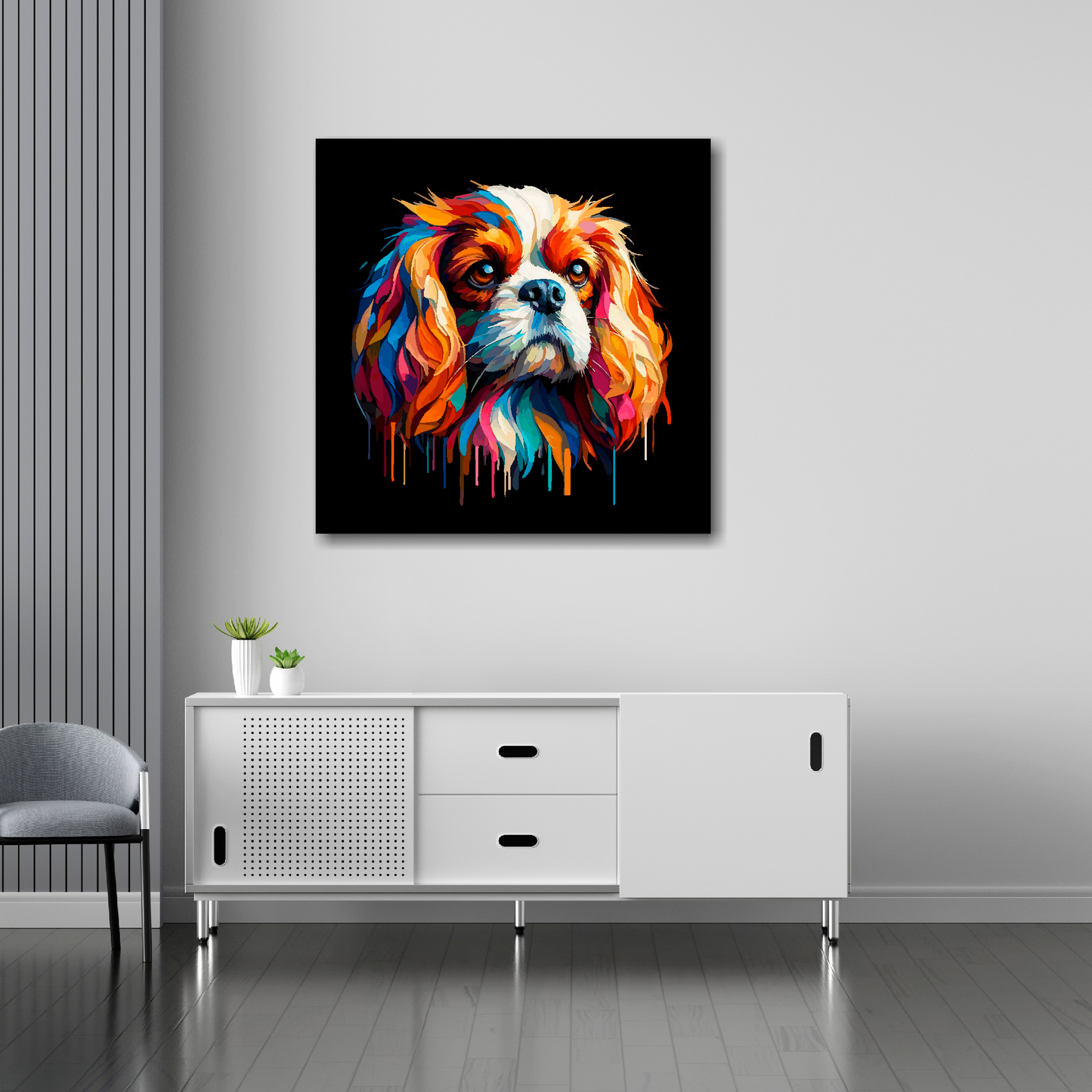 Cavalier King Charles Spaniel canvas 30x30 inches above sideboard - large colourful dog portrait UK made