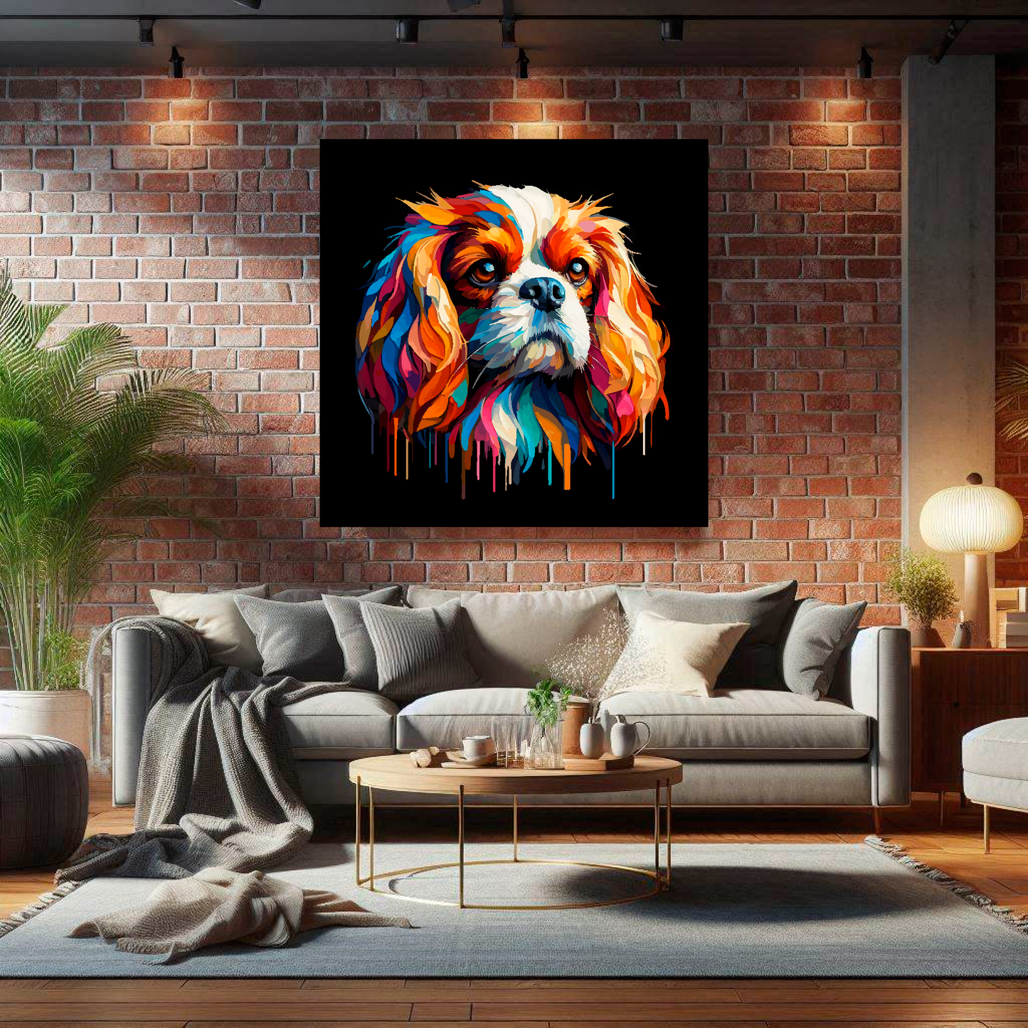 Large Cavalier King Charles Spaniel canvas on brick wall above grey sofa - bold dog portrait UK living room