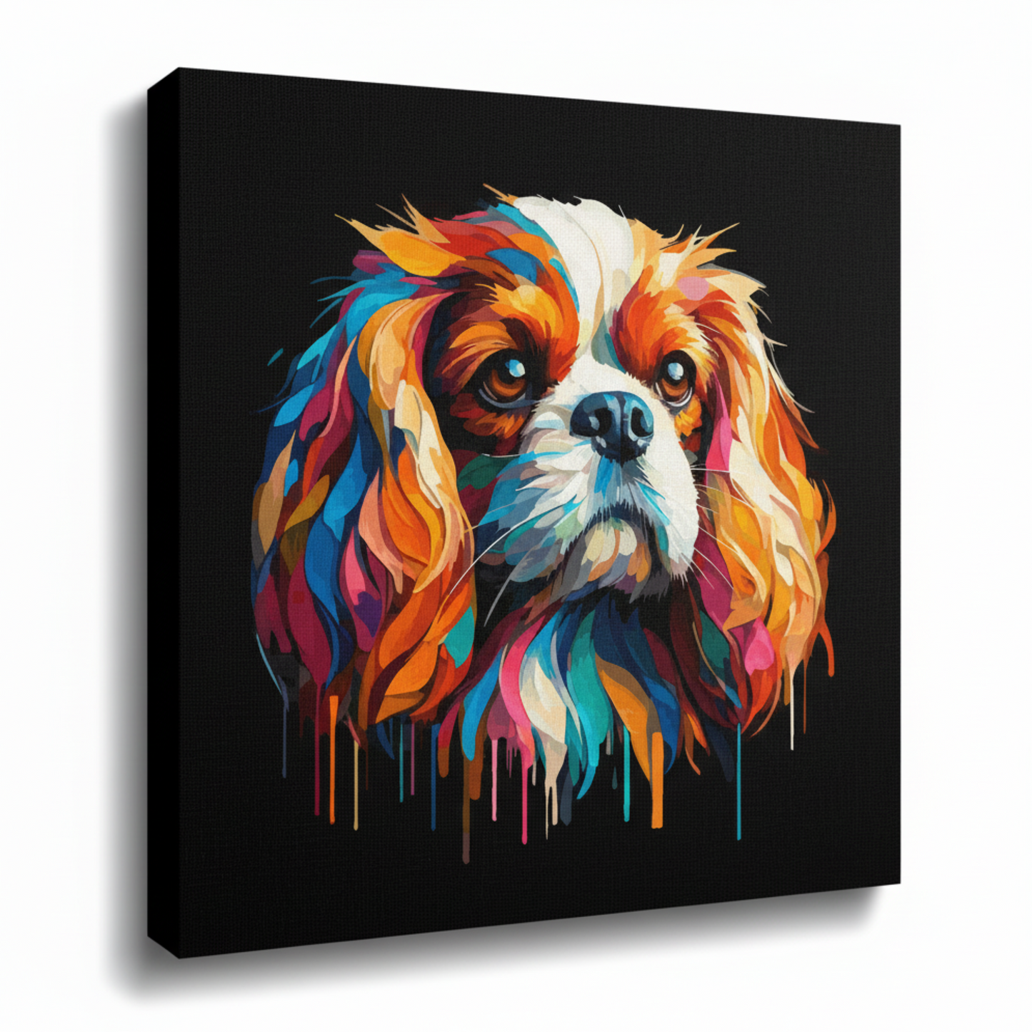 Colourful Cavalier King Charles Spaniel dog portrait canvas print - UK made abstract pet wall art black background