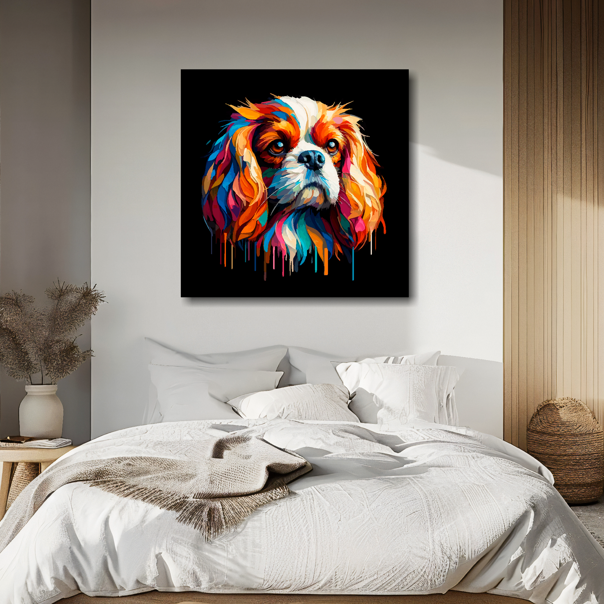 Cavalier King Charles Spaniel portrait canvas above bed - colourful dog wall decor for UK bedrooms