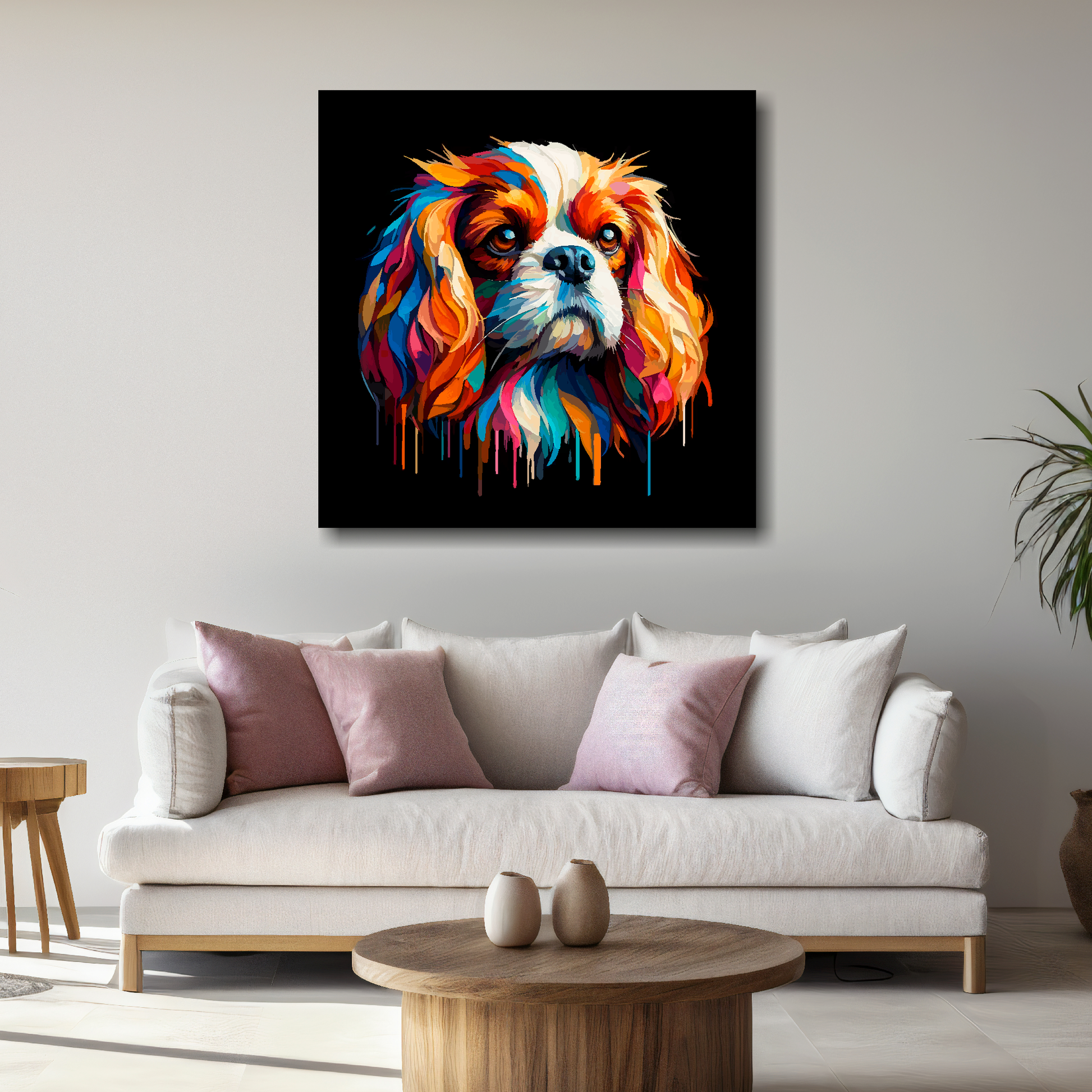 Large Cavalier King Charles Spaniel canvas above white sofa - vibrant abstract dog portrait wall art UK
