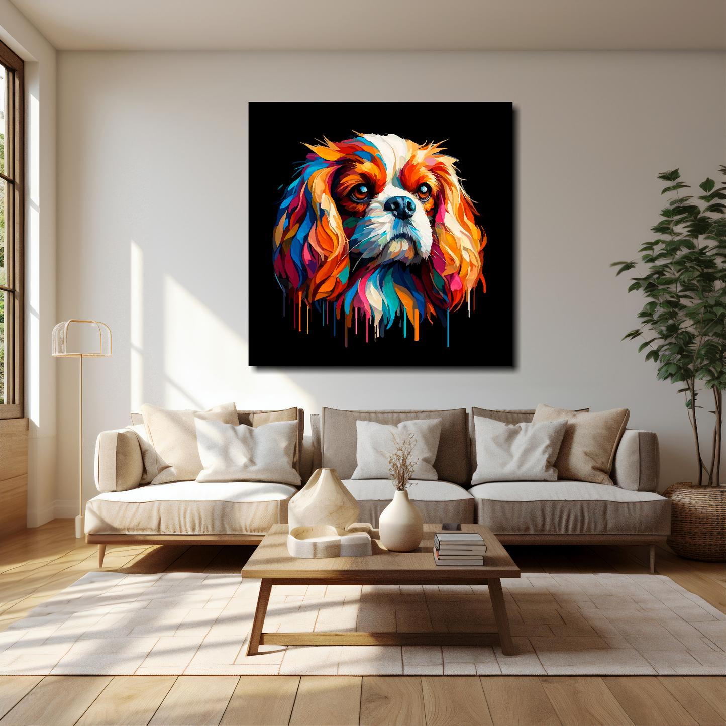 Cavalier King Charles Spaniel canvas 40x40 inches above cream sofa - XL vibrant dog wall art UK