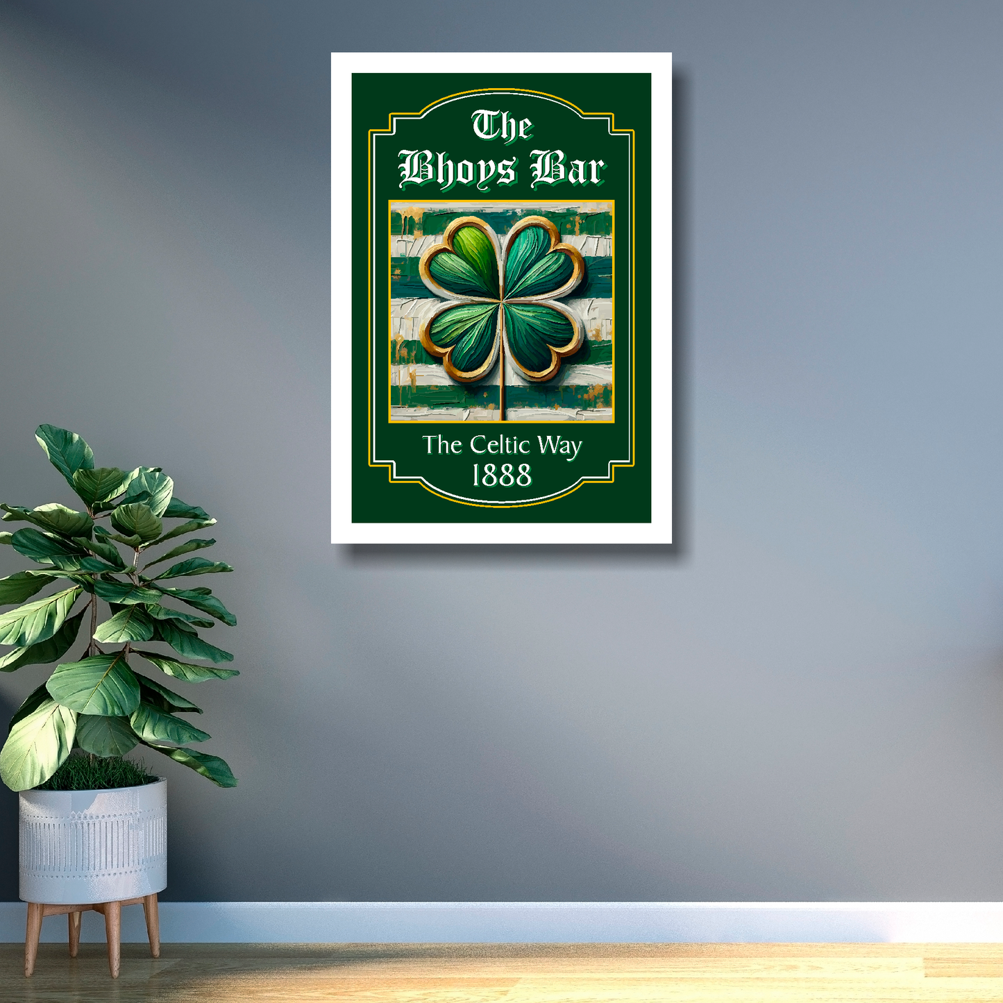 Celtic FC white framed pub sign for 'The Bhoys Bar' with a four-leaf clover design on a green background.