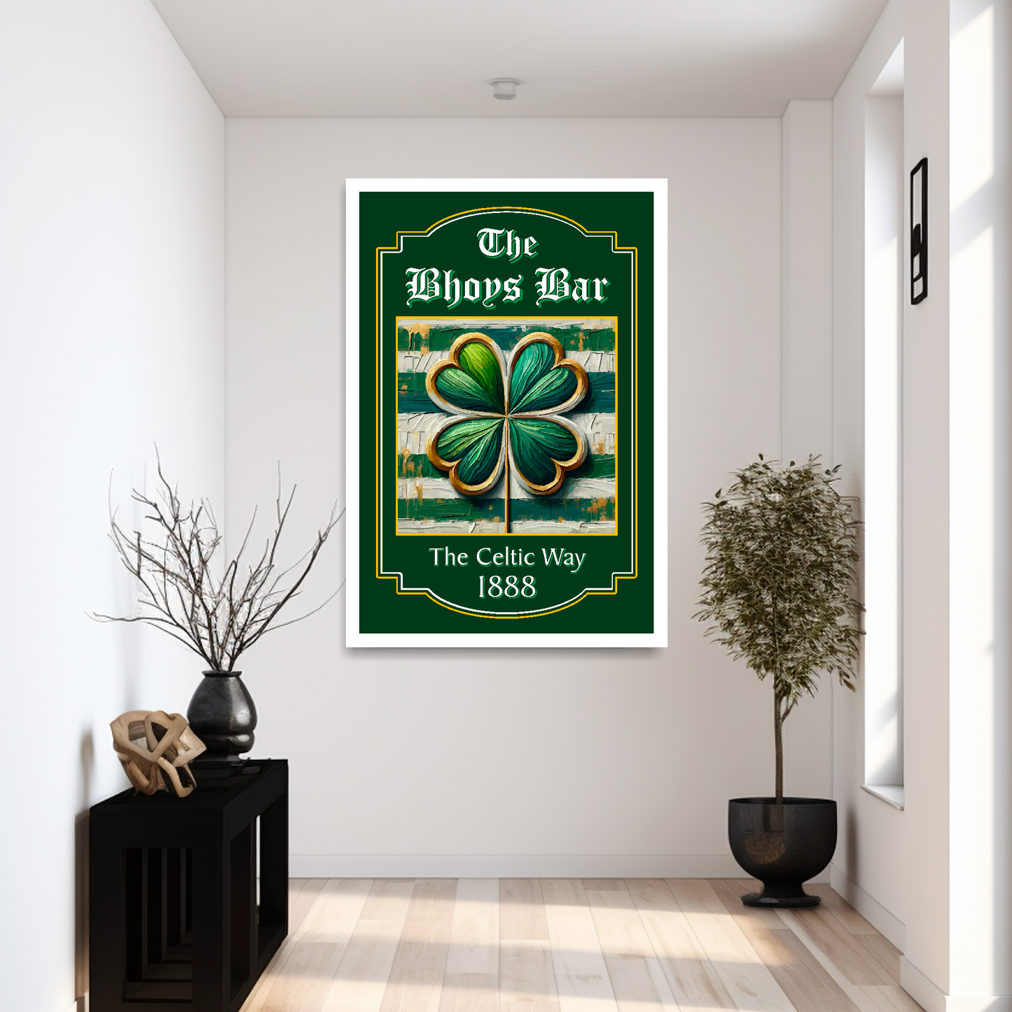 Celtic FC inspired framed pub sign for 'The Bhoys Bar' with a four-leaf clover design on a green background in a modern setting