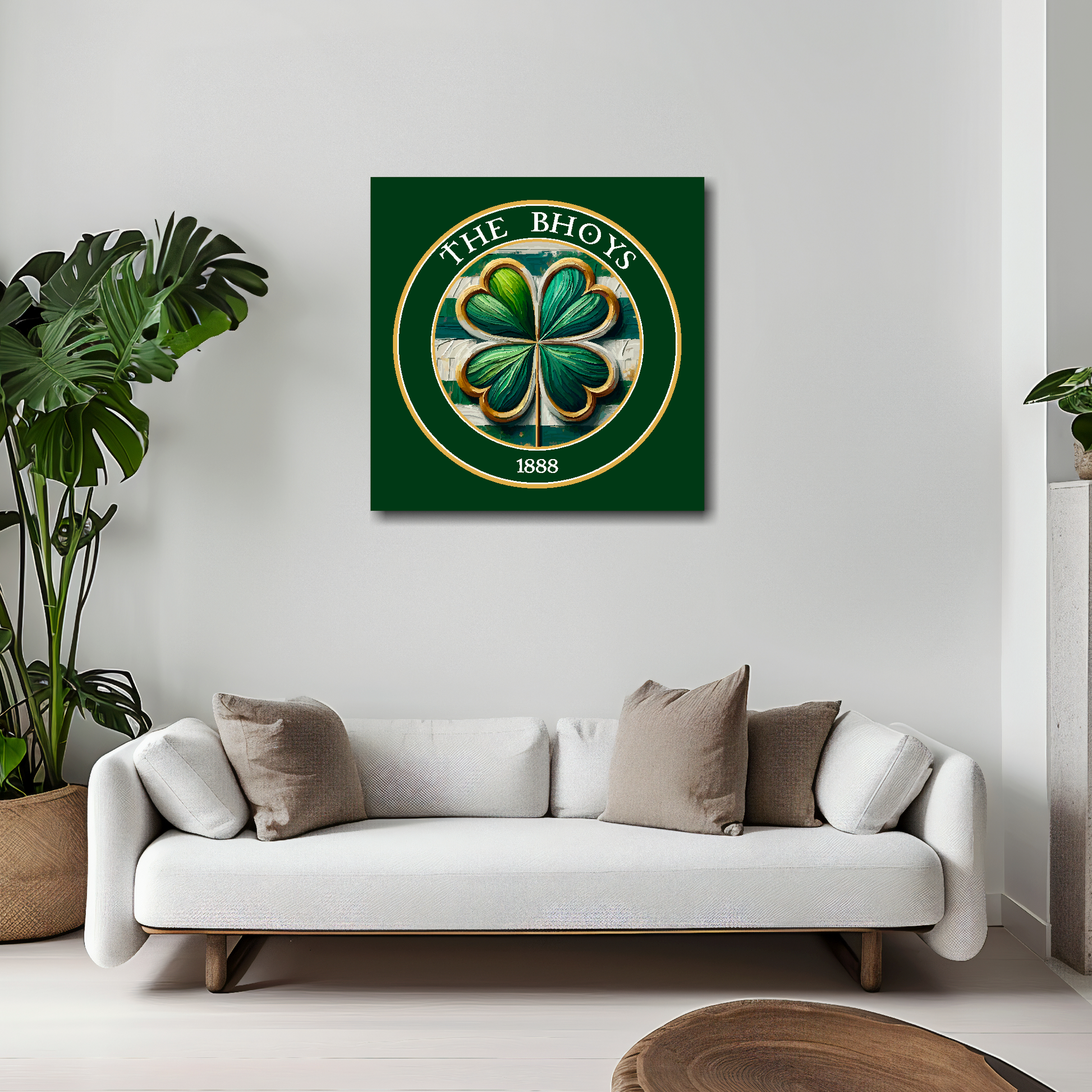Celtic inspired canvas 20x20 inches above white sofa - vibrant Scottish football wall art UK
