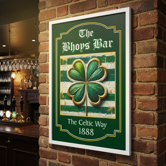 Celtic FC inspired framed pub sign for 'The Bhoys Bar' with a four-leaf clover design on a green background in a bar setting