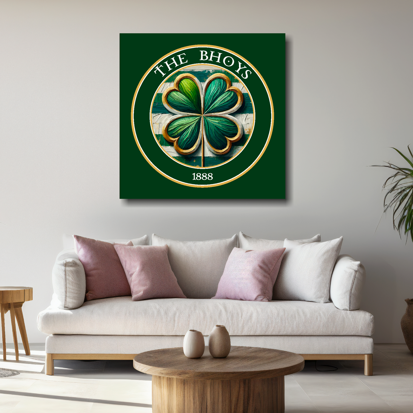 Large Celtic inspired canvas above white sofa - vibrant abstract Scottish football wall art UK