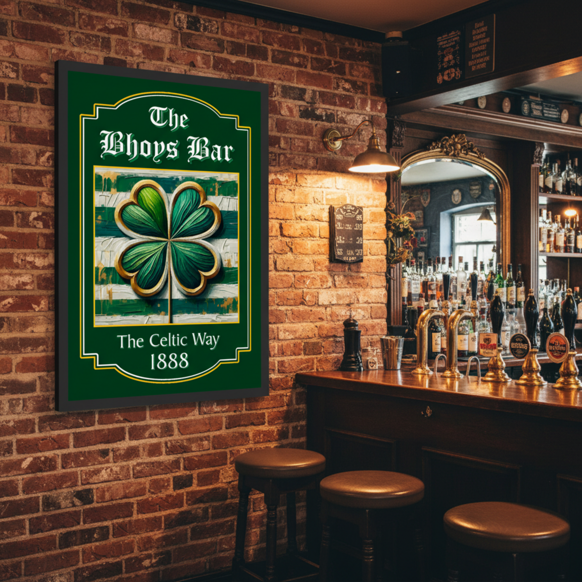 Celtic FC inspired framed pub sign for 'The Bhoys Bar' with a four-leaf clover design on a green background in a bar setting