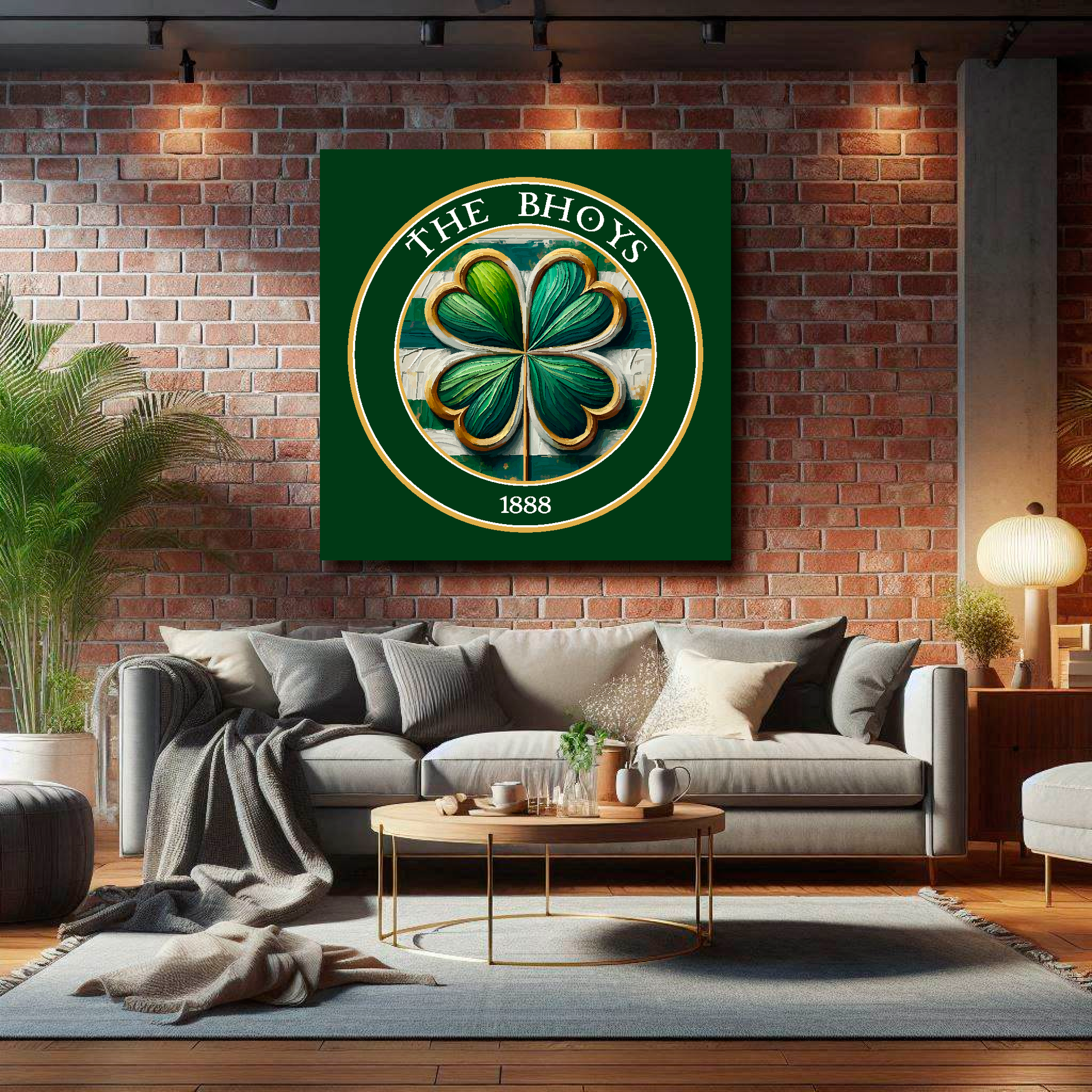 Large Celtic inspired canvas on brick wall above grey sofa - bold Scottish football art UK living room