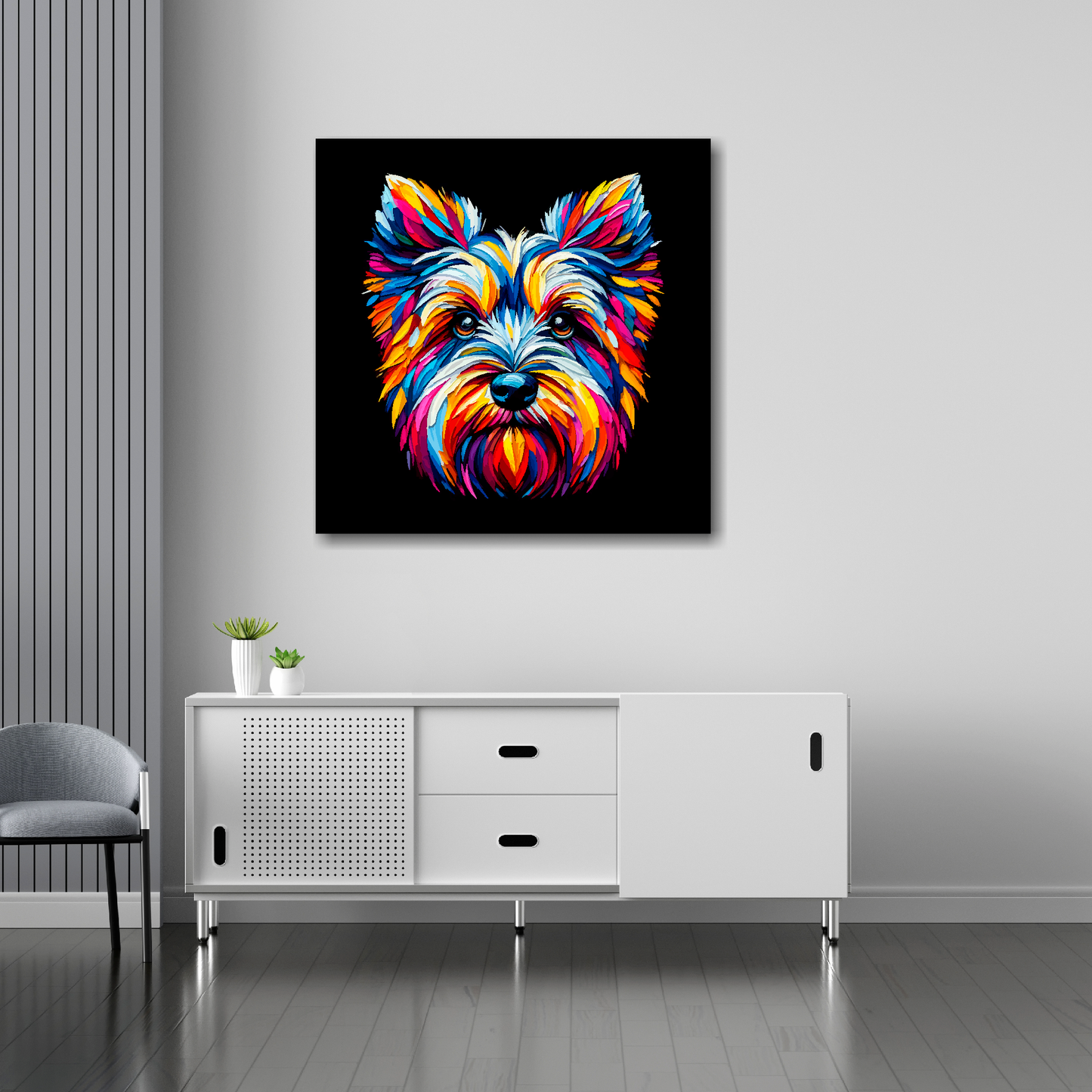 Cesky Terrier canvas 30x30 inches above sideboard - large colourful dog portrait UK made