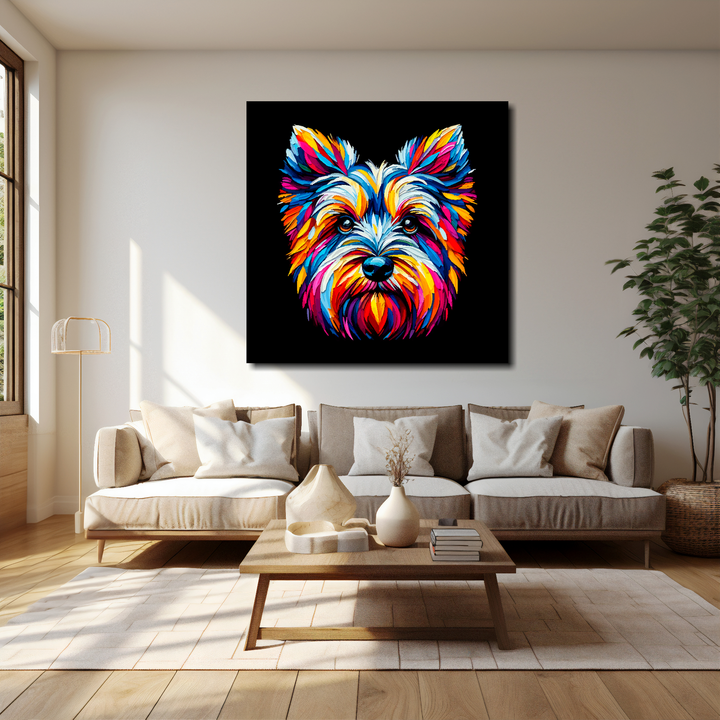Cesky Terrier canvas 40x40 inches above cream sofa - XL vibrant dog wall art UK