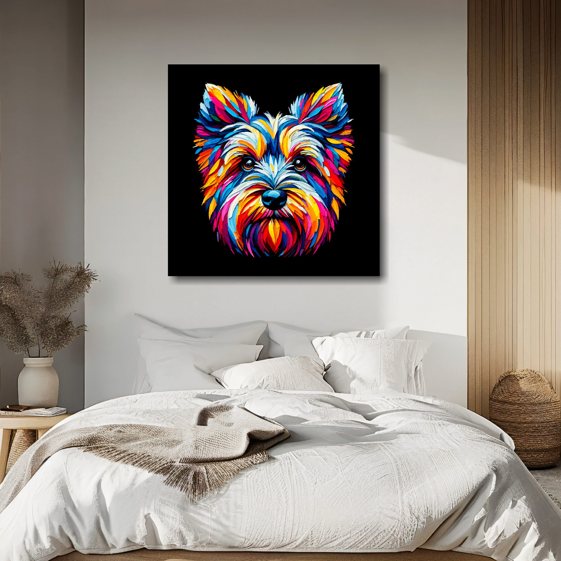 Cesky Terrier portrait canvas above bed - colourful dog wall decor for UK bedrooms