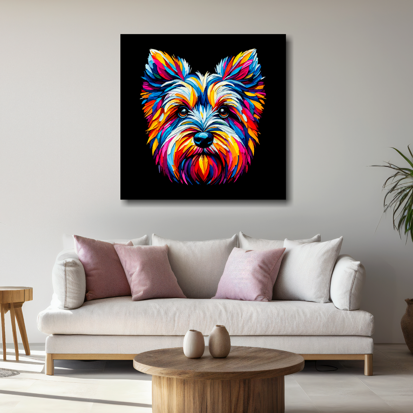 Large Cesky Terrier canvas above white sofa - vibrant abstract dog portrait wall art UK