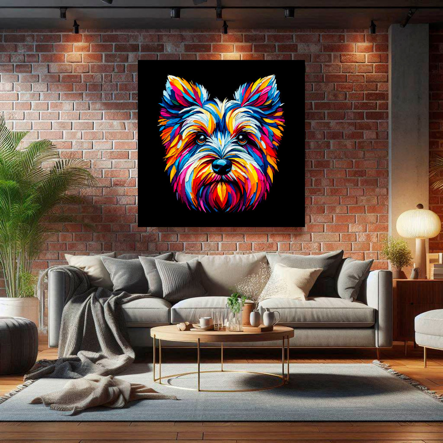 Large Cesky Terrier canvas on brick wall above grey sofa - bold dog portrait UK living room