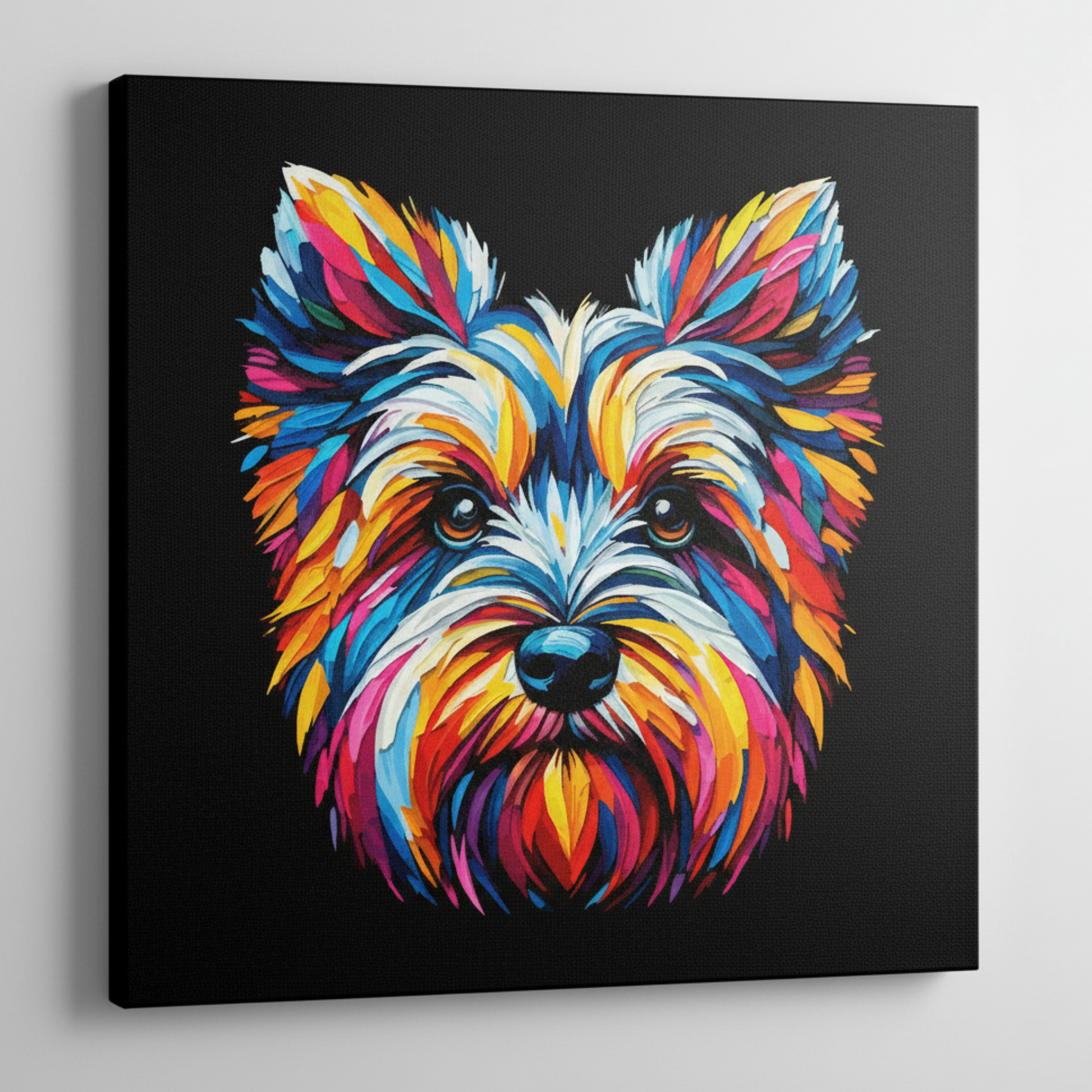 Colourful Cesky Terrier dog portrait canvas print - UK made abstract pet wall art black background