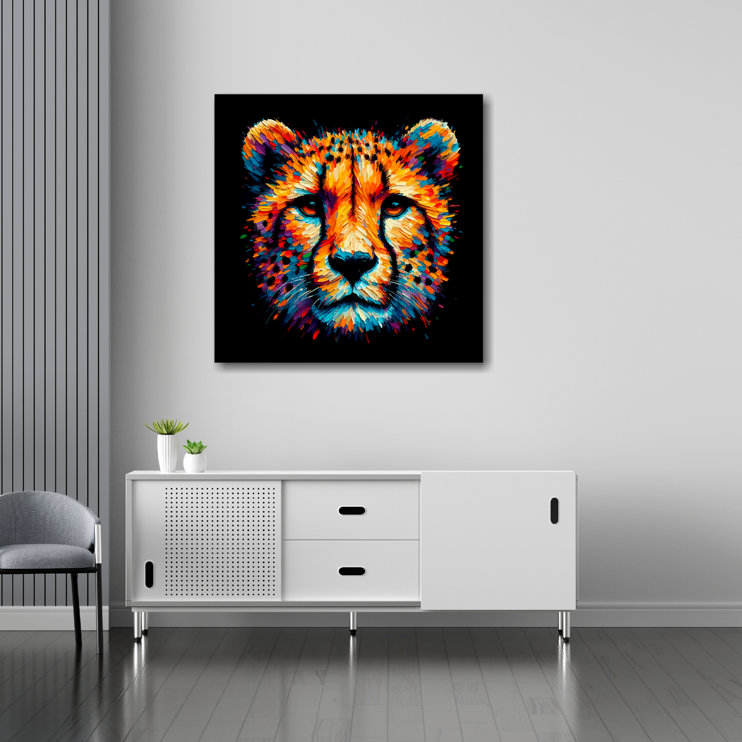 Cheetah canvas 30x30 inches above sideboard - large colourful wildlife portrait UK made
