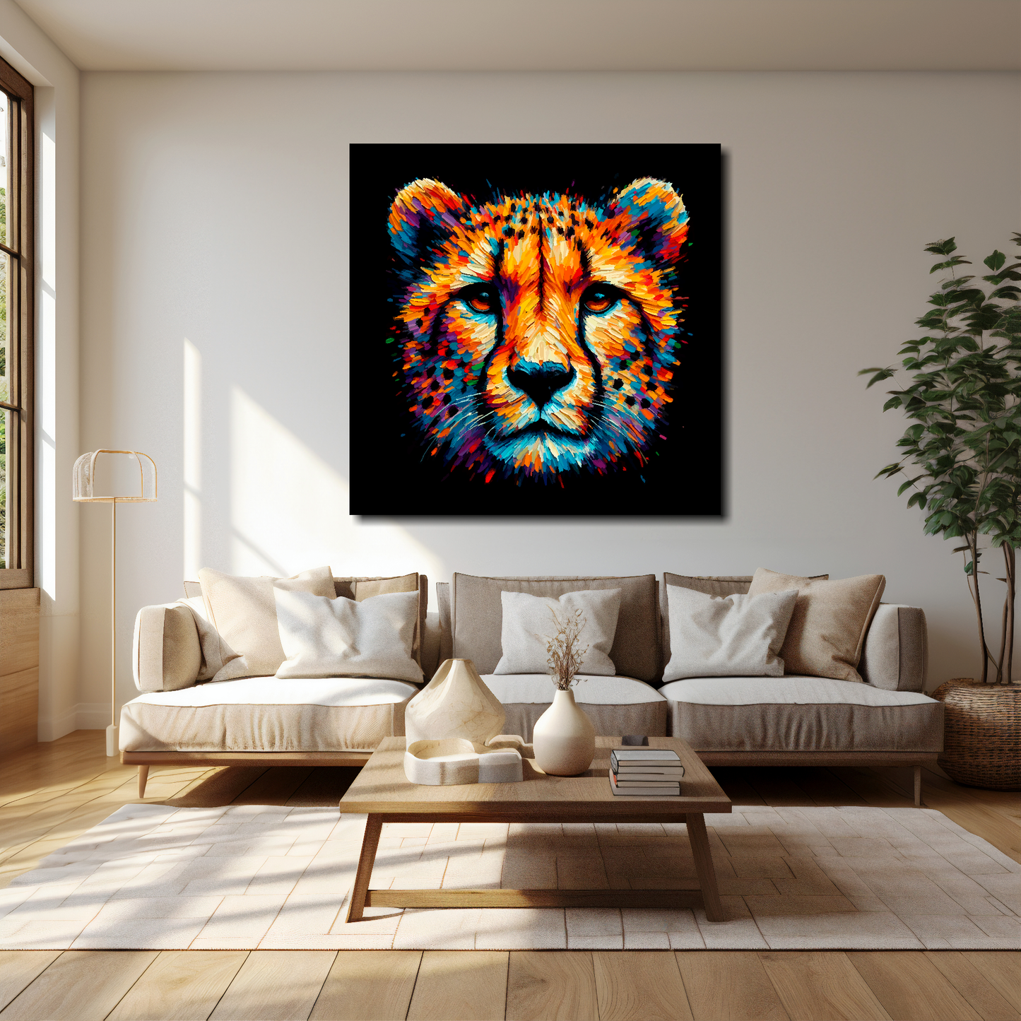 Cheetah canvas 40x40 inches above cream sofa - XL vibrant wildlife wall art UK