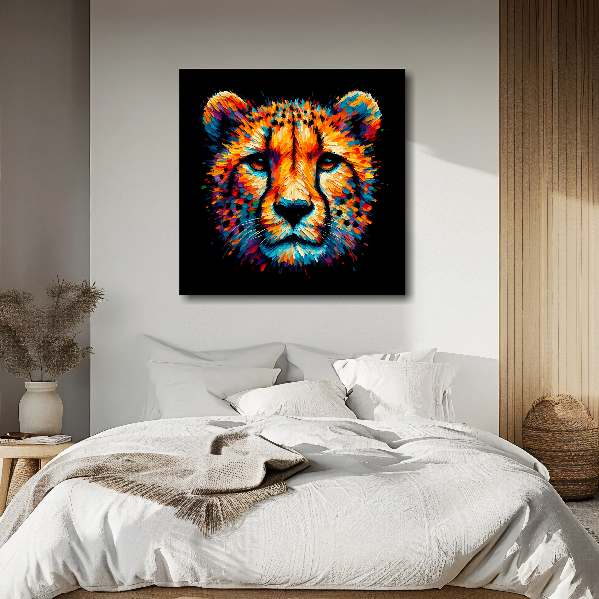 Cheetah portrait canvas above bed - colourful wildlife wall decor for UK bedrooms
