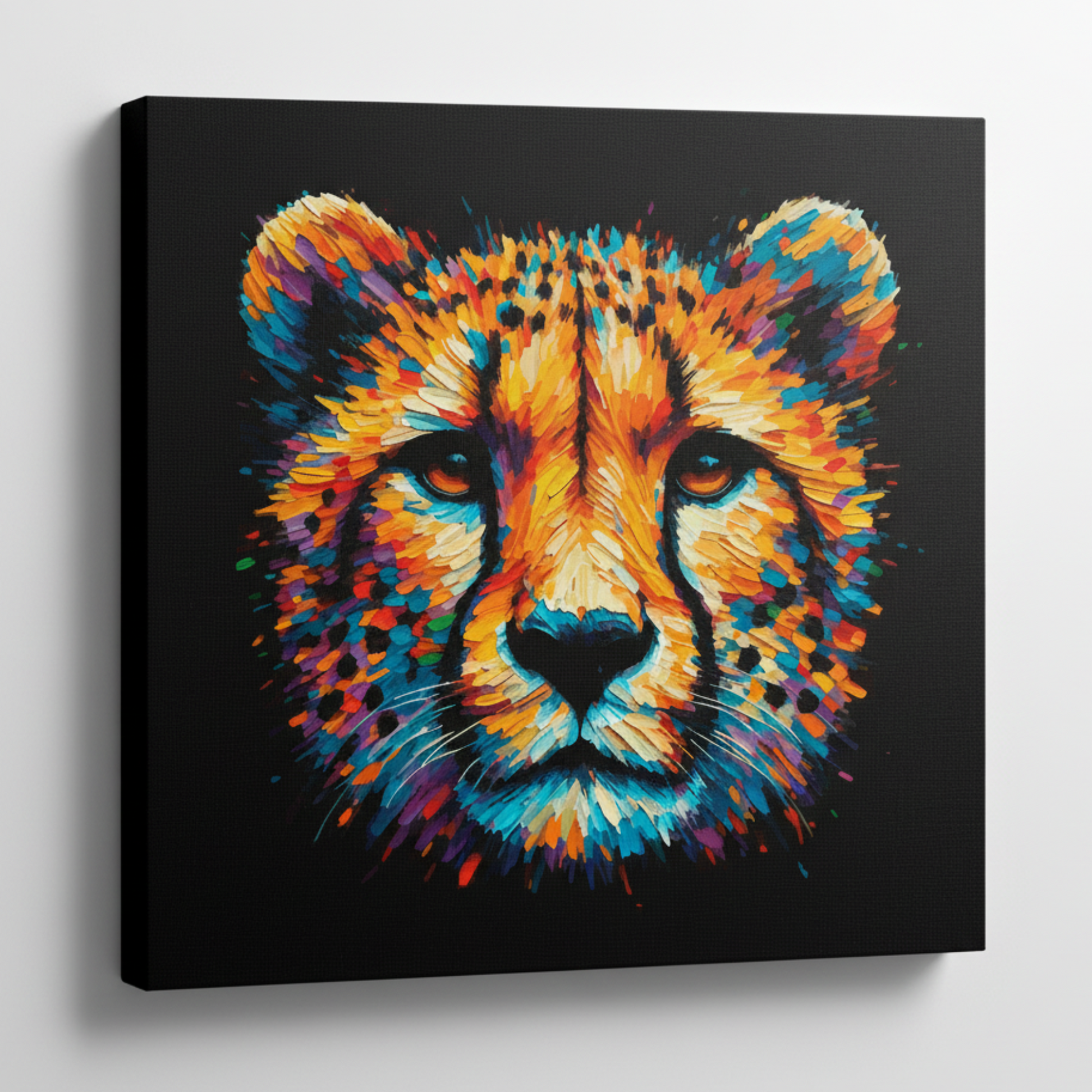 Colourful Cheetah wildlife portrait canvas print - UK made abstract animal wall art black background