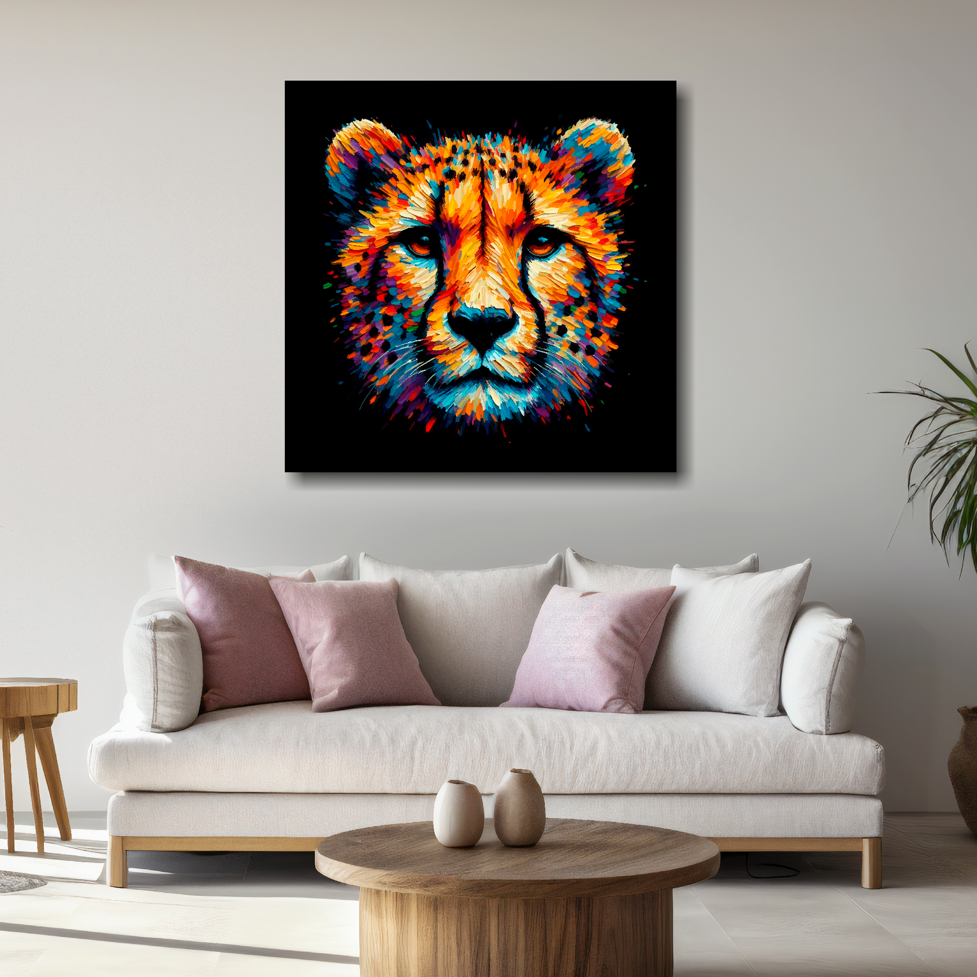 Large Cheetah canvas above white sofa - vibrant abstract wildlife portrait wall art UK