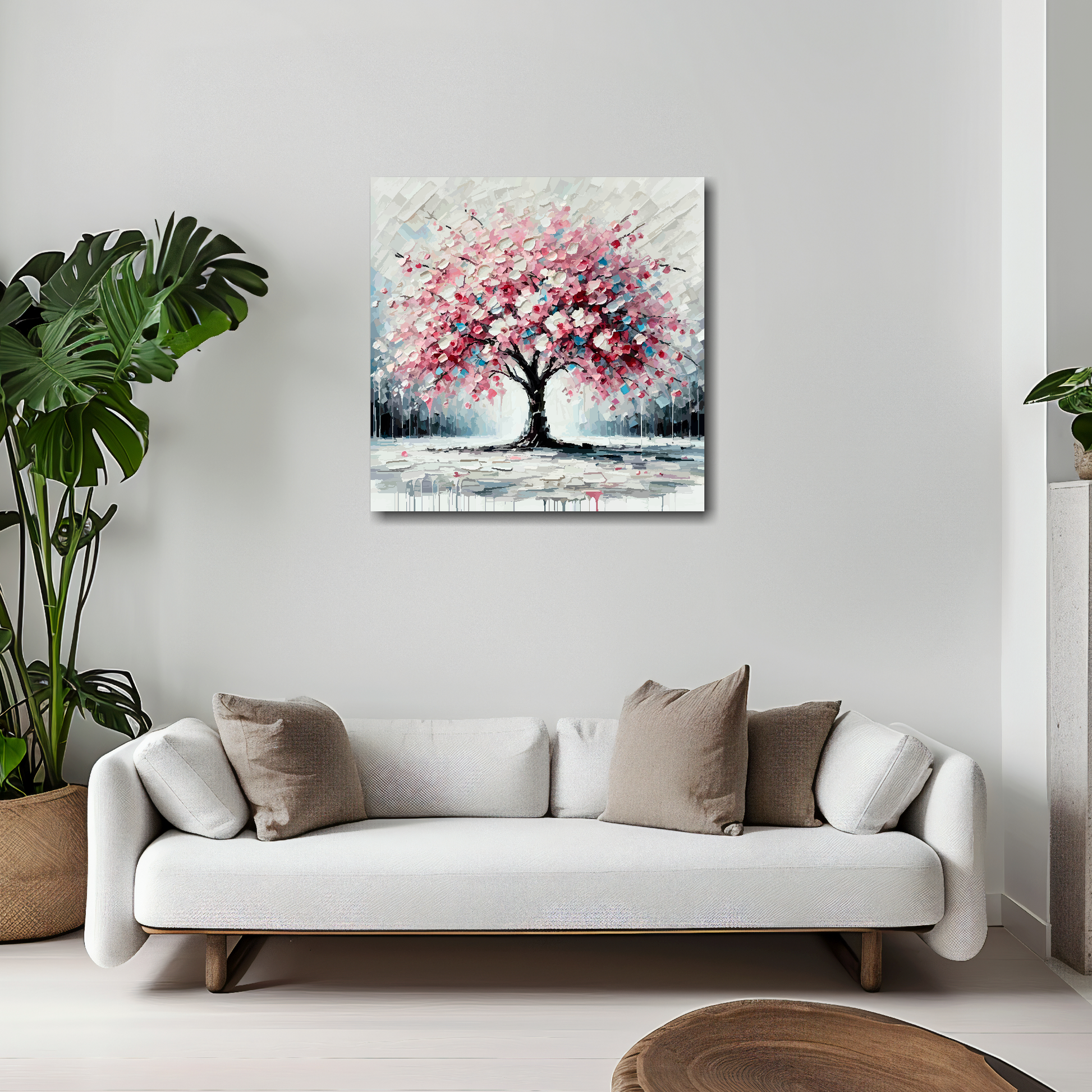 Cherry blossom tree canvas 20x20 inches above white sofa - vibrant botanical wall art UK