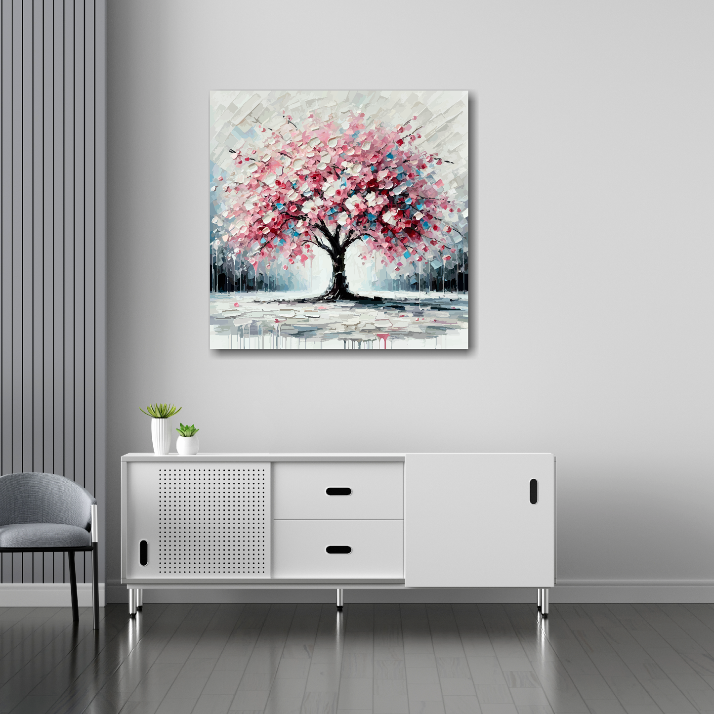 Cherry blossom tree canvas 30x30 inches above sideboard - large colourful botanical art UK made