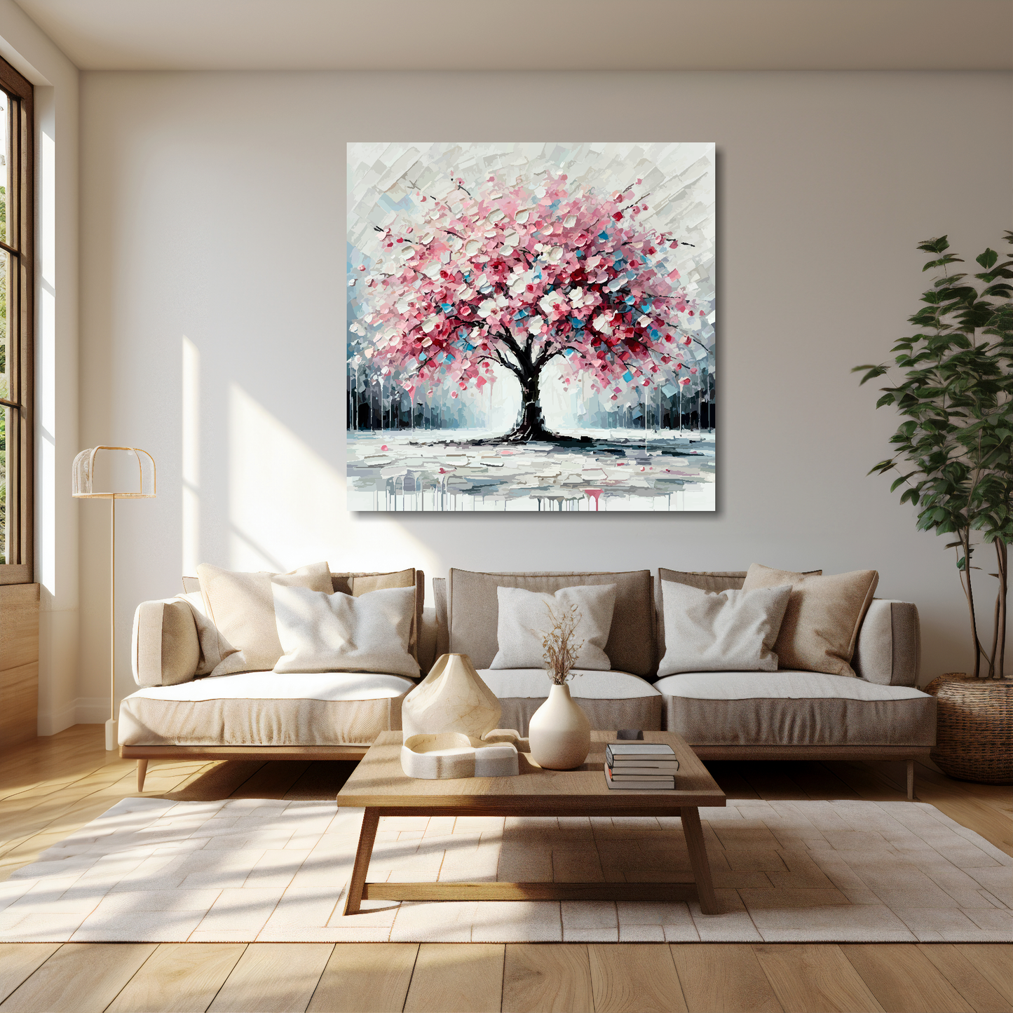 Cherry blossom tree canvas 40x40 inches above cream sofa - XL vibrant botanical wall art UK