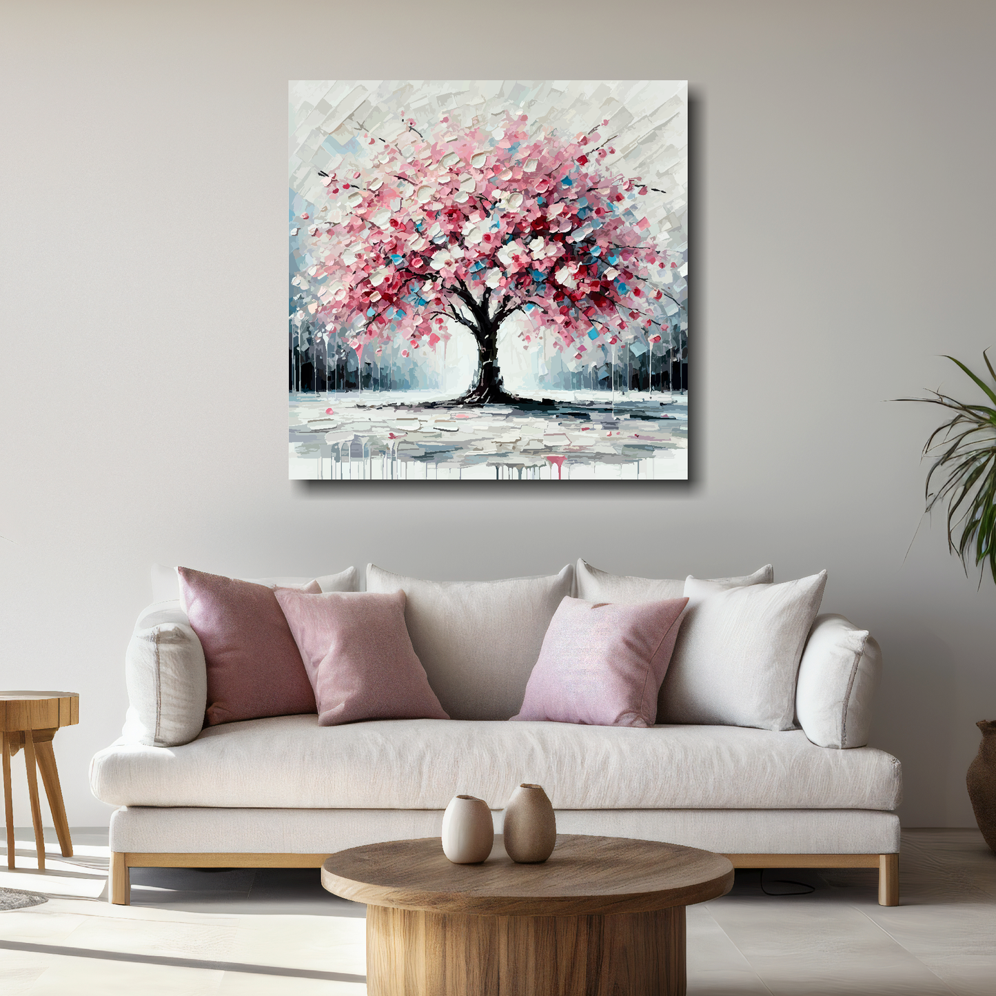 Large cherry blossom tree canvas above white sofa - vibrant abstract botanical wall art UK