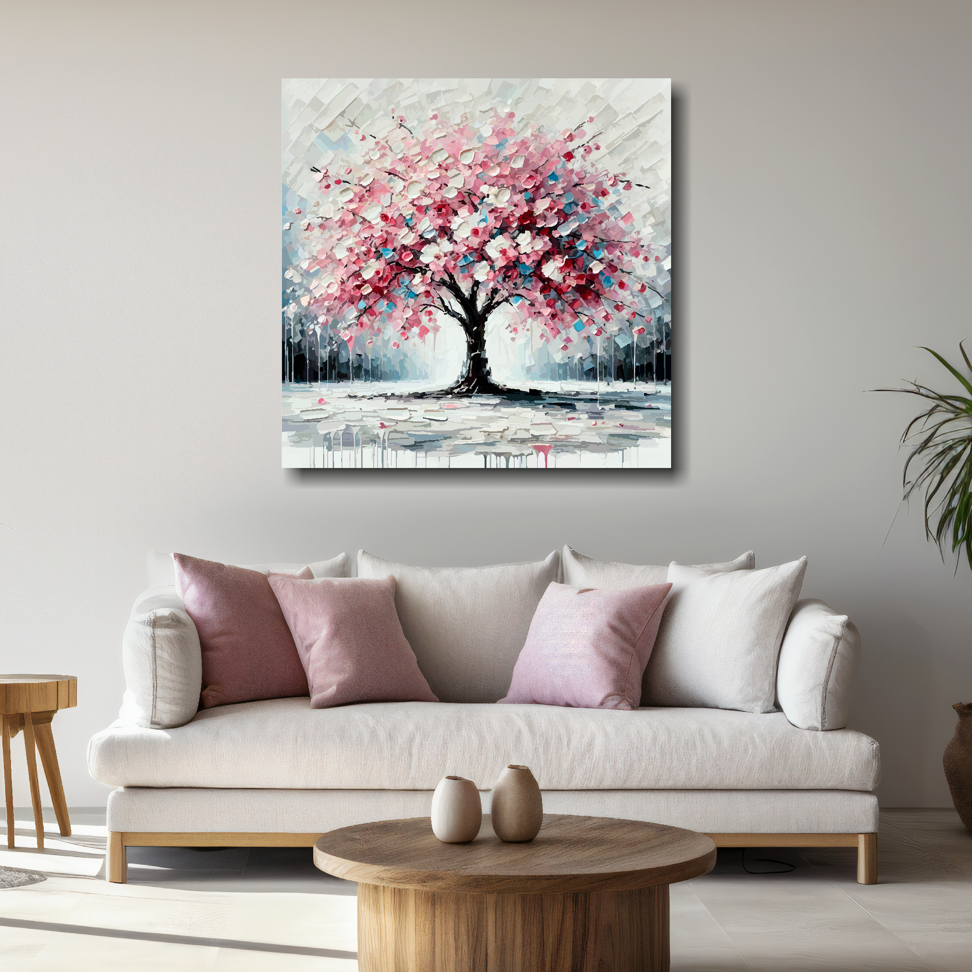 Large cherry blossom tree canvas above white sofa - vibrant abstract botanical wall art UK