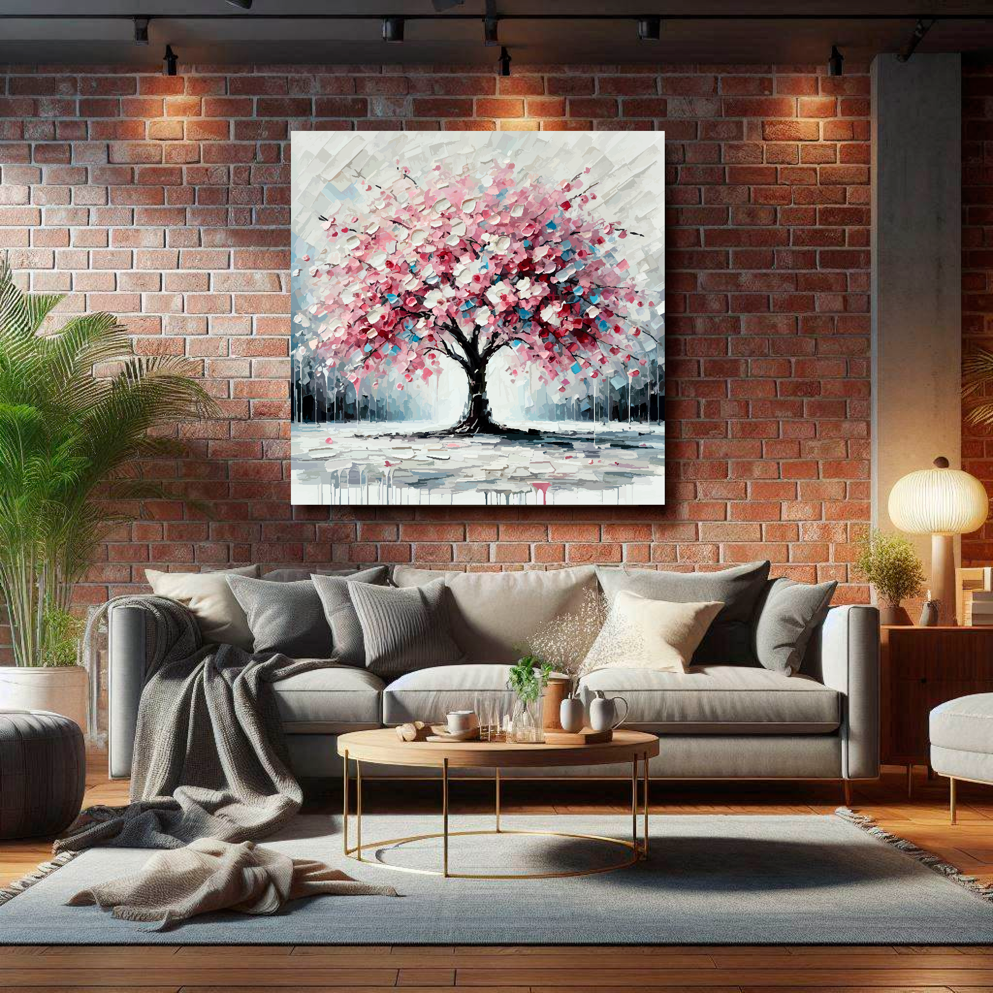 Large cherry blossom tree canvas on brick wall above grey sofa - bold botanical art UK living room