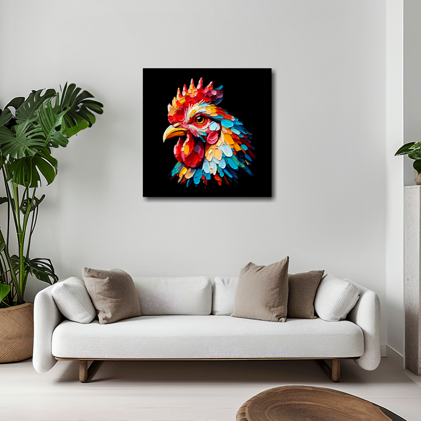 Chicken canvas 20x20 inches above white sofa - vibrant farm animal portrait wall art UK