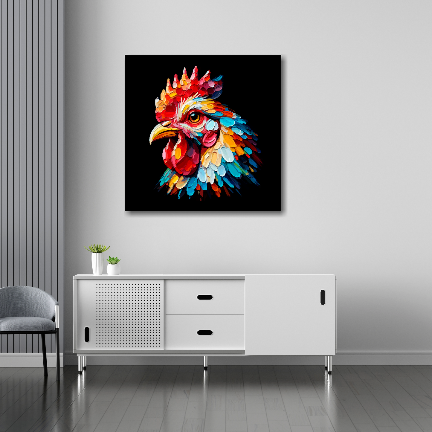 Chicken canvas 30x30 inches above sideboard - large colourful farm animal portrait UK made