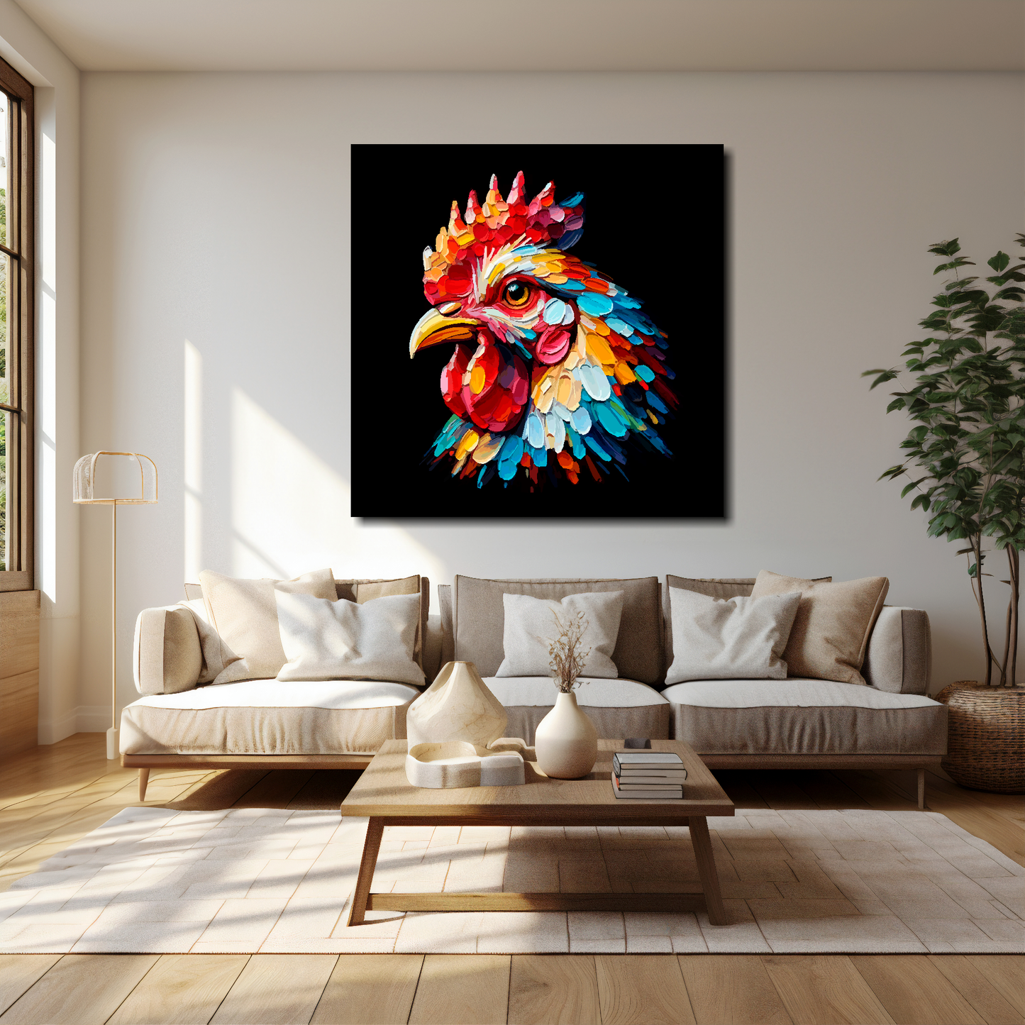 Chicken canvas 40x40 inches above cream sofa - XL vibrant farm animal wall art UK