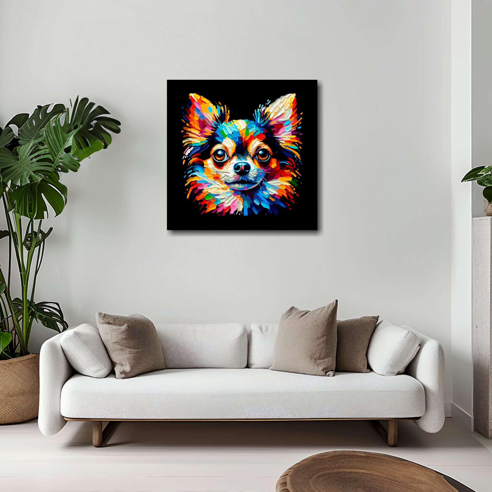 Chihuahua canvas 20x20 inches above white sofa - vibrant dog portrait wall art UK