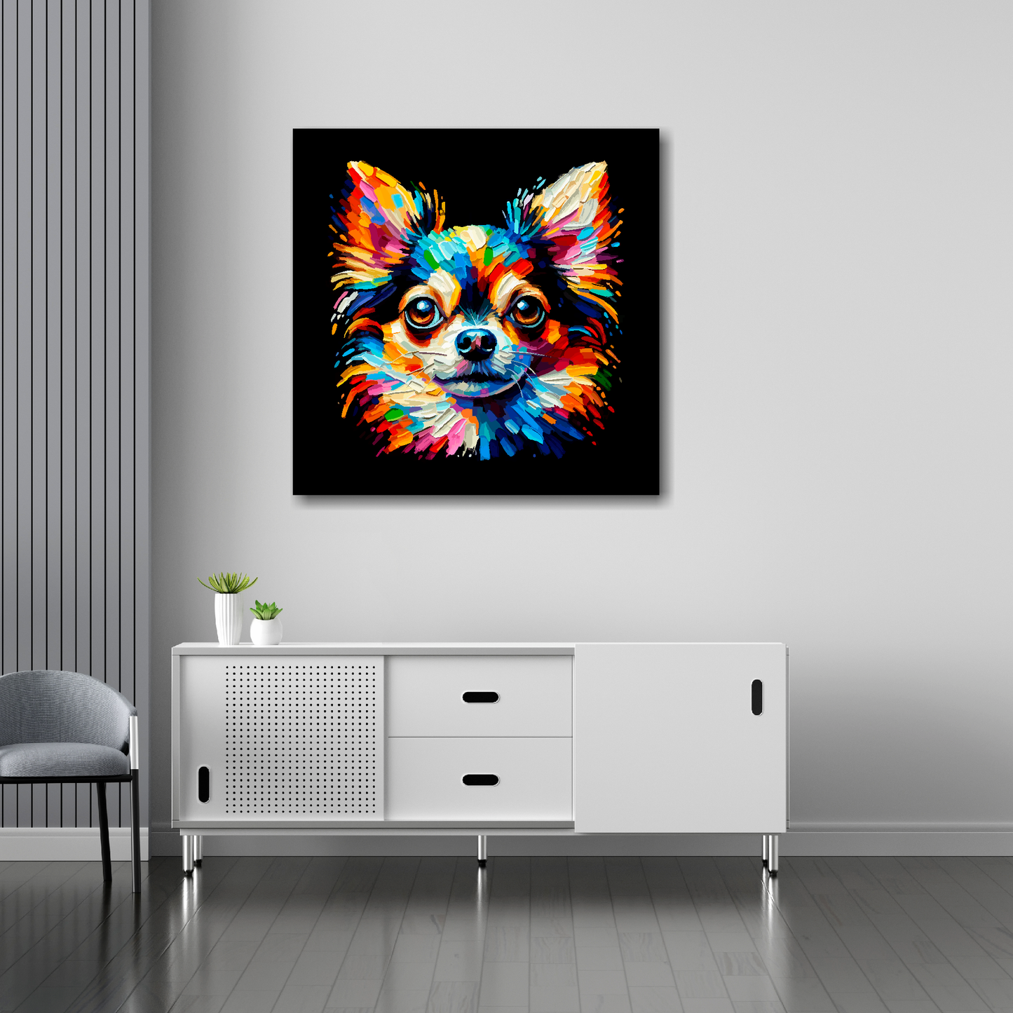 Chihuahua canvas 30x30 inches above sideboard - large colourful dog portrait UK made