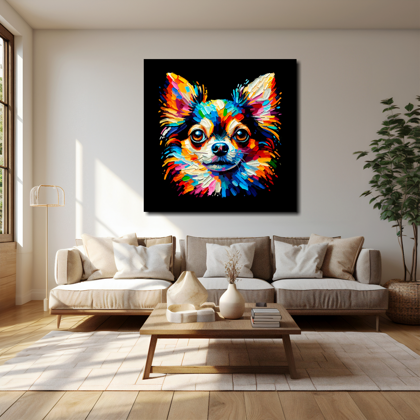 Chihuahua canvas 40x40 inches above cream sofa - XL vibrant dog wall art UK