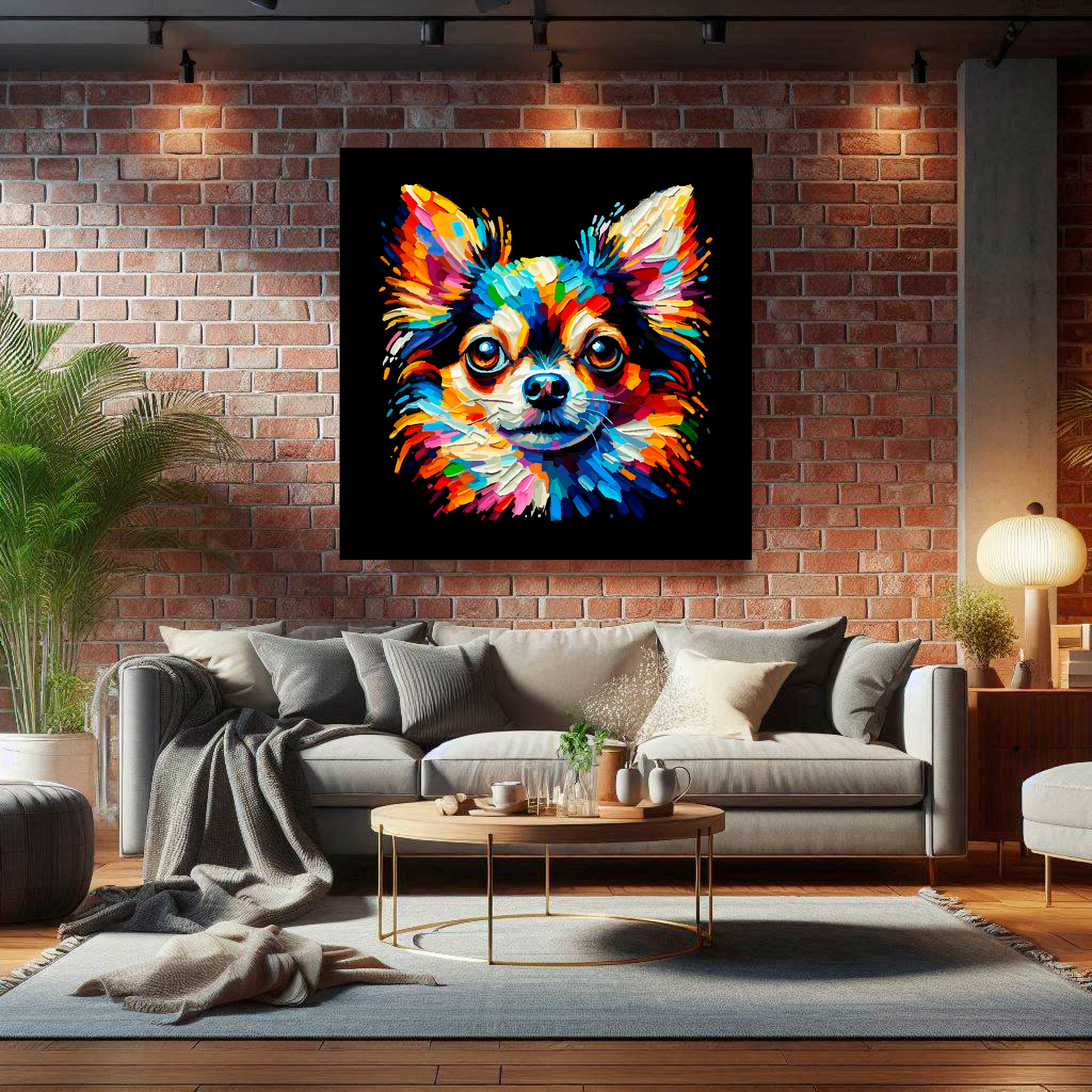 Large Chihuahua canvas on brick wall above grey sofa - bold dog portrait UK living room