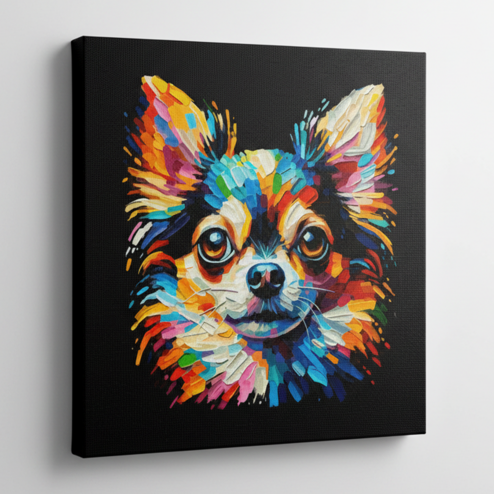 Colourful Chihuahua dog portrait canvas print - UK made abstract pet wall art black background