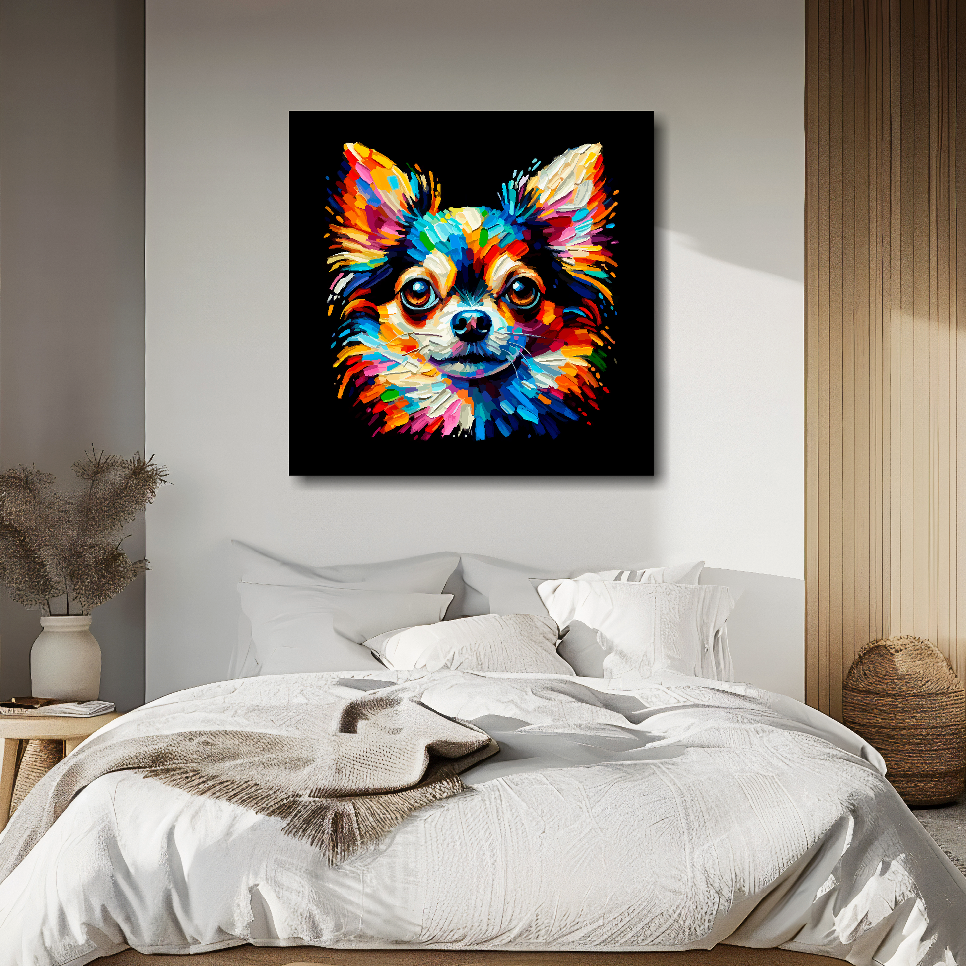 Chihuahua portrait canvas above bed - colourful dog wall decor for UK bedrooms