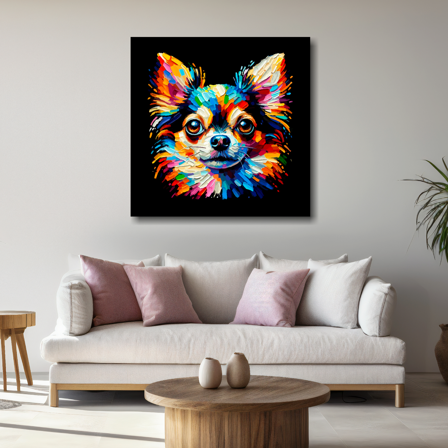 Large Chihuahua canvas above white sofa - vibrant abstract dog portrait wall art UK