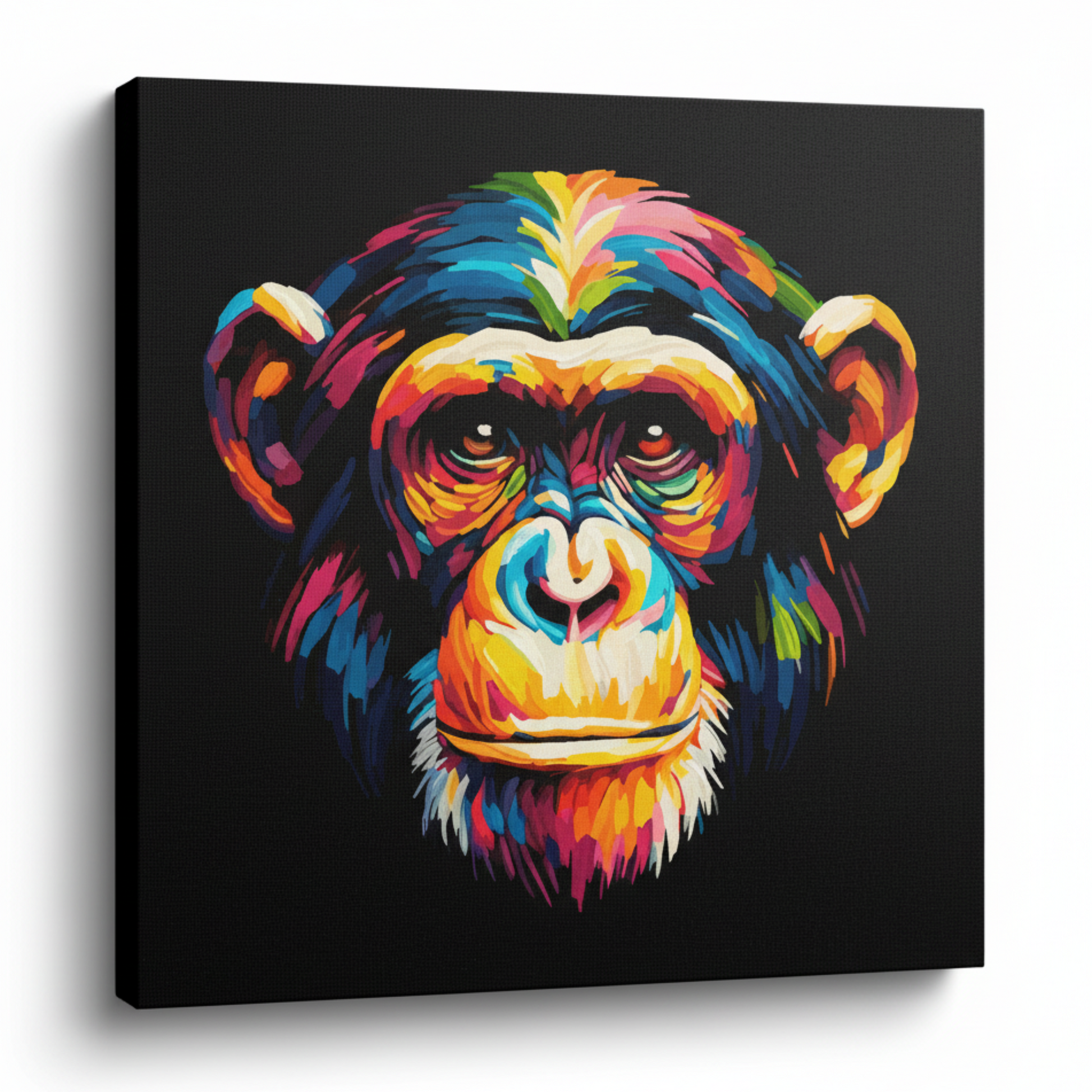 Colourful Chimpanzee wildlife portrait canvas print - UK made abstract animal wall art black background