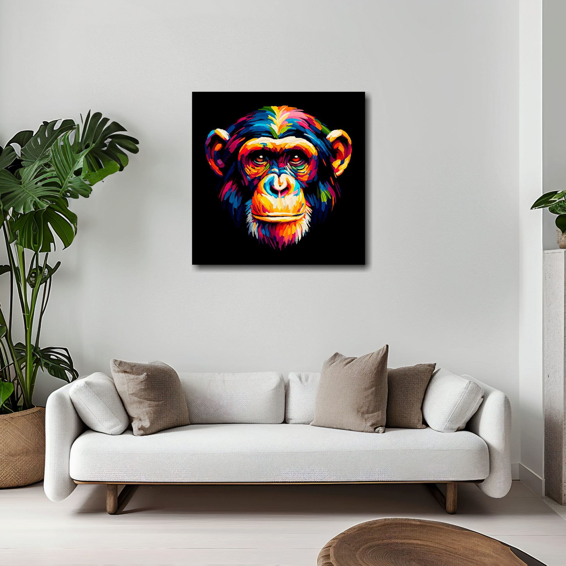 Chimpanzee canvas 20x20 inches above white sofa - vibrant wildlife portrait wall art UK