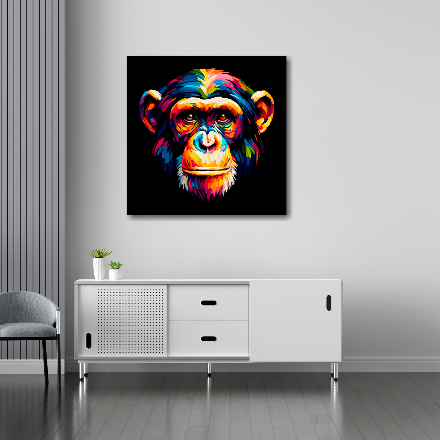 Chimpanzee canvas 30x30 inches above sideboard - large colourful wildlife portrait UK made